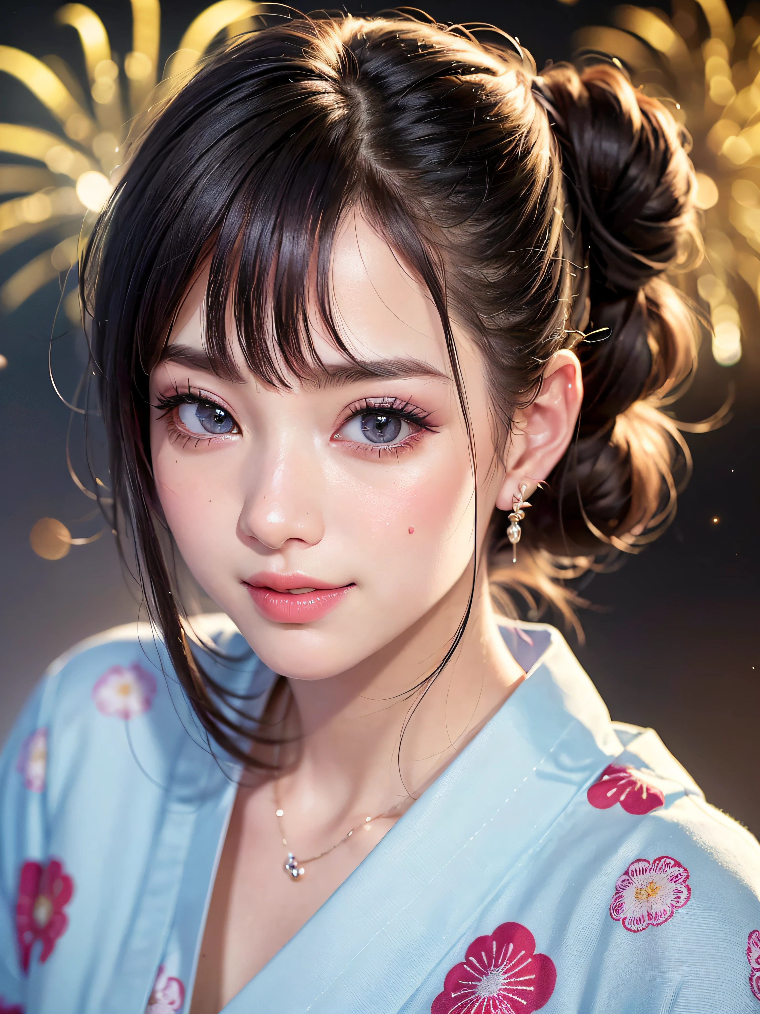 (realistic, photo-realistic:1.37), (masterpiece:1.2), (best quality:1.4), (ultra high res:1.2),(RAW photo:1.2), (sharp focus:1.3), (face focus:1.2), vibrant details, hyperrealistic, (full body:1.37), (1girl wearing detailed yukata:1.5), (23yo:1.1), (happy smile:1.35), (extremely detailed beautiful face and eyes:1.4), (extremely detailed beautiful hair:1.4),delicate composition,(posing), (young hands:1.2), medium breast, flower hair ornament,(Updo hair:1.3),( lipgloss, eyelashes, gloss-face, glossy skin, best quality, ultra highres, depth of field, chromatic aberration, caustics, Broad lighting, natural shading,Kpop idol:1.2) looking at viewer with a serene and goddess-like happiness,BREAK,
(Beautiful fireworks in the night sky background:1.2),(japanese summer festival:1.1), scenery, bangs, beautiful detailed eyes, makeup, looking at viewer, (cute), (soft lighting), finely detail,