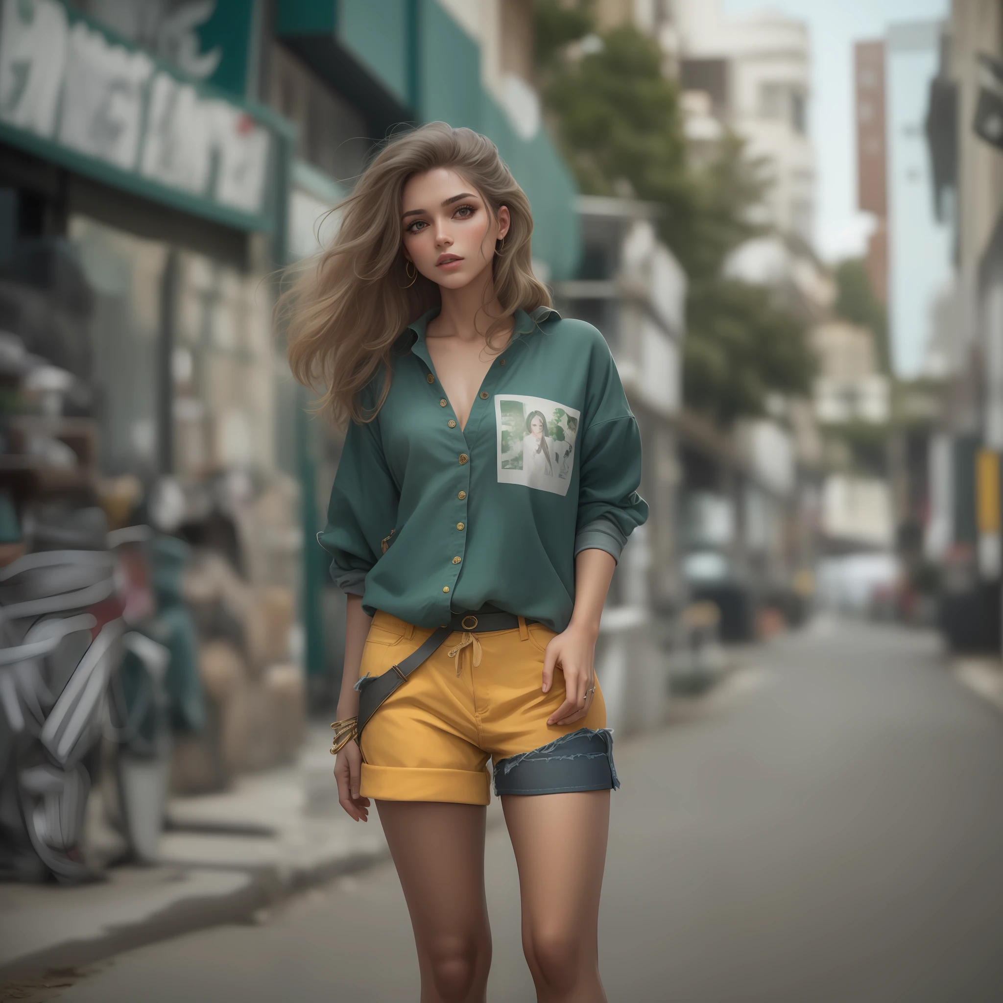 mulher loira de shorts curto, roupa verde e branca, cabelo loiro, cabelo dourado, cabelo longo, botas brancas