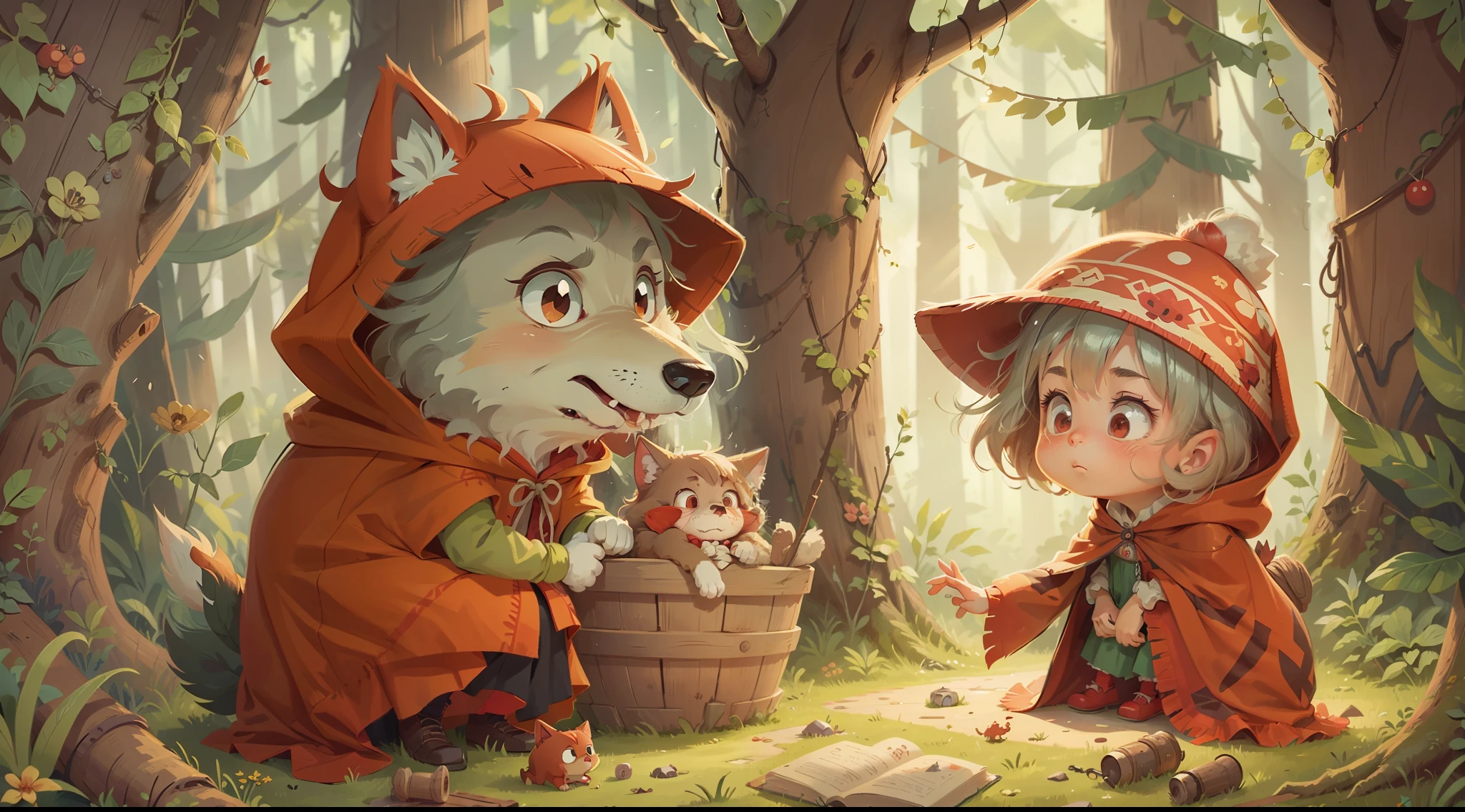 Fairy tale picture book, simple, cartoon, kids, The story of Little Red Riding Hood and Grandma Wolf, Call story cover, Pleasant big bad wolf, Wearing grandma's clothes, A malicious look, Little Red Riding Hood got lost in the forest, illustration, best quality, super detail, high details, masterpiece