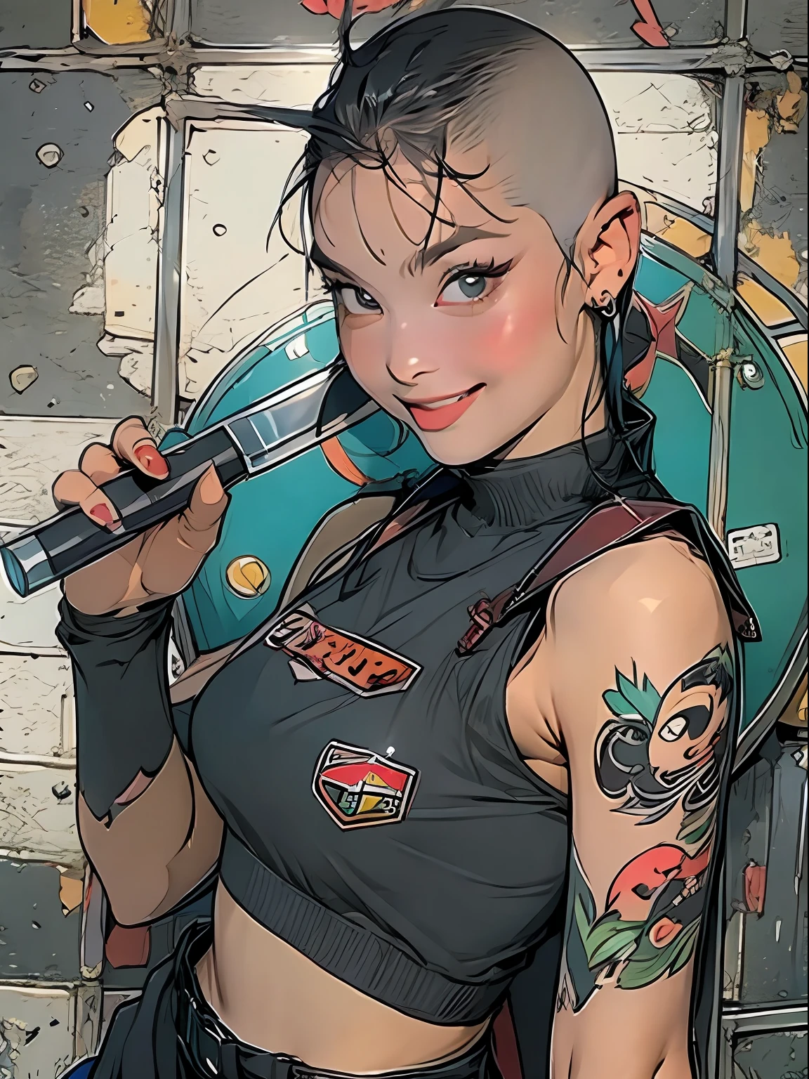 (( corpo inteiro )), master part, best quality, super detalhe, 8k, mulher linda, Tank Girl com cara de maluca, sorriso malicioso , cabelo moicano colorido, garota punk, post-apocalyptic world, (( menina do tanque )), Nijistyle, roupas rasgadas e sujas, moicano curto, sides of shaved head, rosto limpo