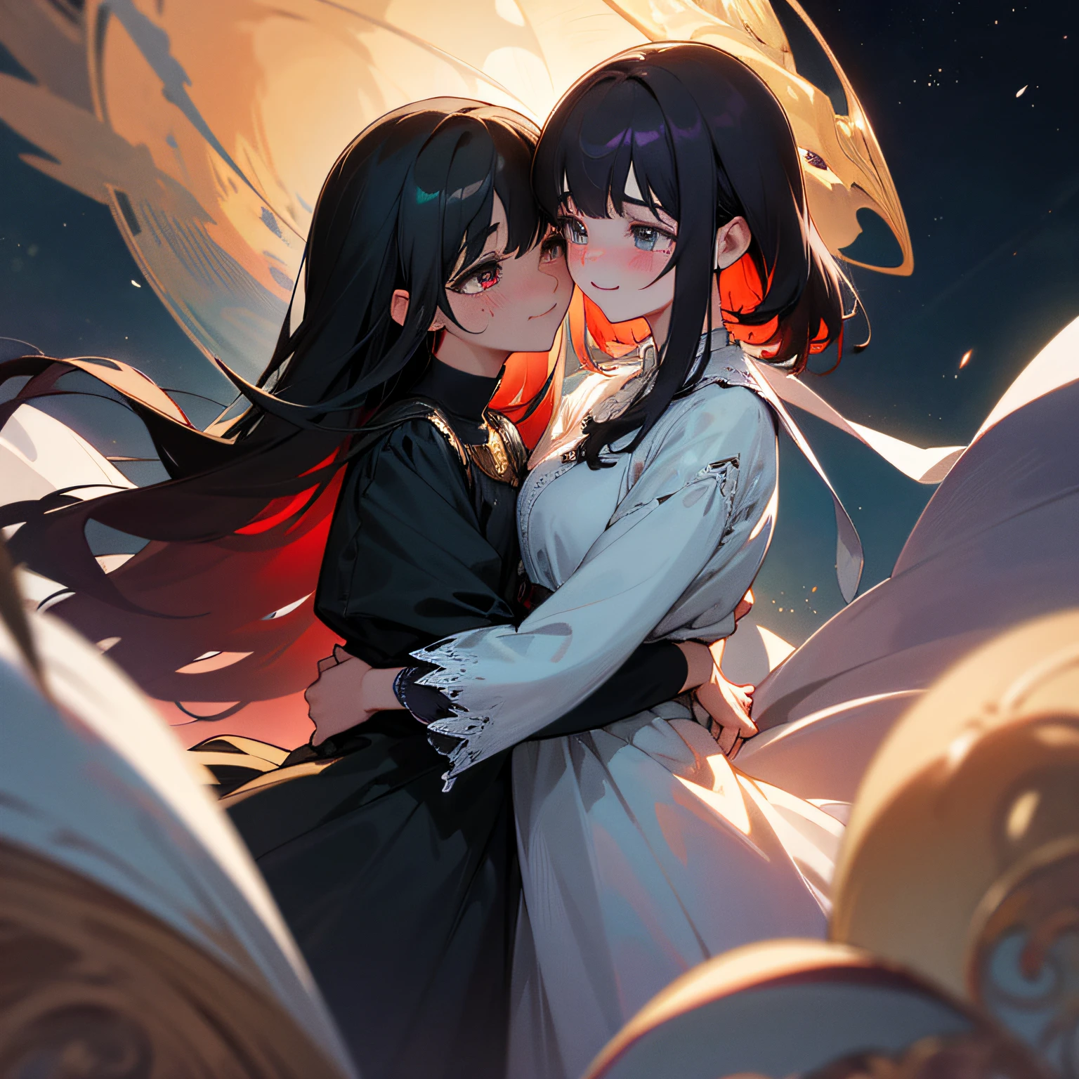 hight resolution,ultra-detailliert,Official art,Beauty and aesthetics,masterpiece,best qualtiy,ighly detailed,Variegated,Most details、Shining eyes、Detailed eyes、face perfect、enigmatic、A dark-haired、night wear、Hugging each other、Two people staring at each other、Crying and laughter、red blush
