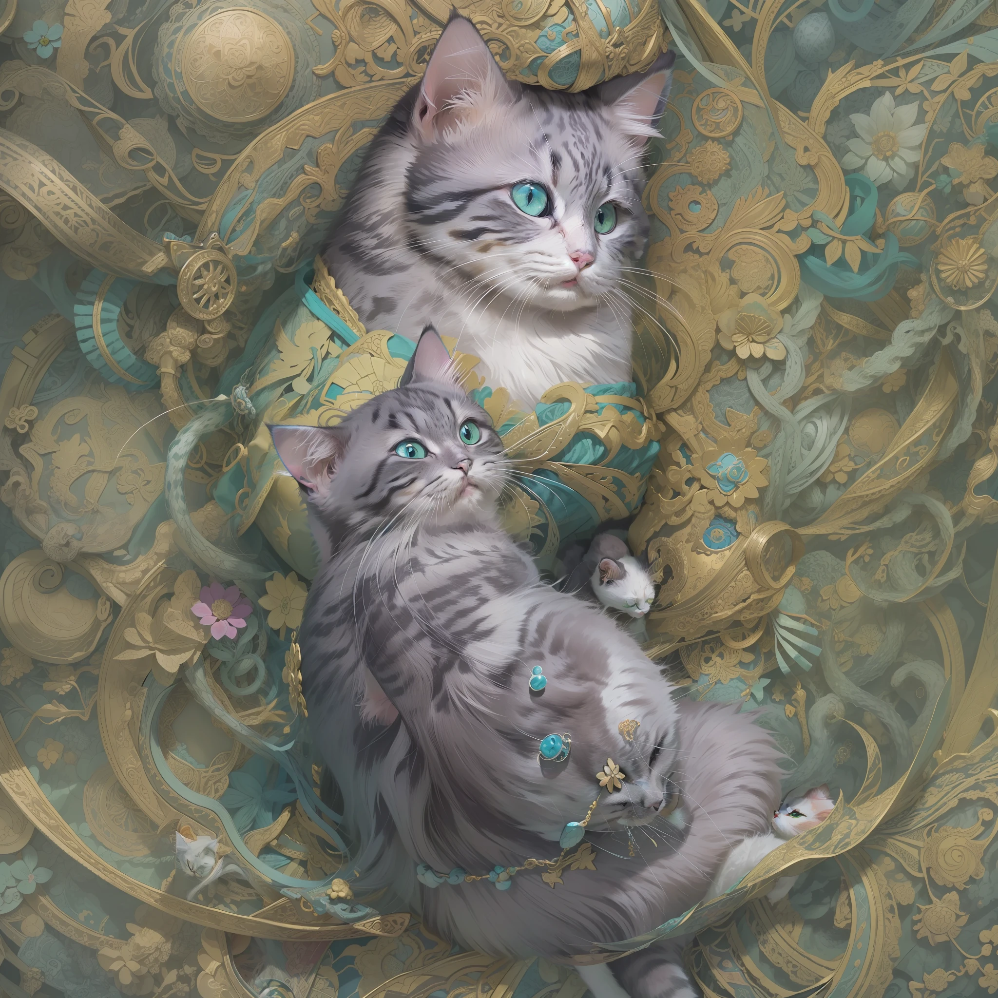 official art, unity 8k wallpaper, ultra detailed, beautiful and aesthetic, masterpiece, best quality, realistic, (zentangle, mandala, tangle, entangle), pov from above, (cute cat:1.5), extremely detailed, dynamic angle, the most beautiful form of chaos, elegant, a brutalist designed, vivid colours, romanticism, zhongfenghua