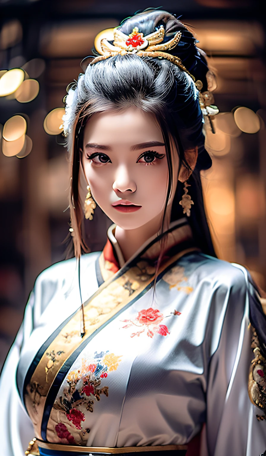 top-quality、​masterpiece、hight resolution、Wuxi 1girl、Gold cheongsam、((Super beautiful face))、Super beautiful eyes、Super beautiful hair、cleavage of the breast、exposed breast、Sexy cleavage、very highly detailed breasts、
