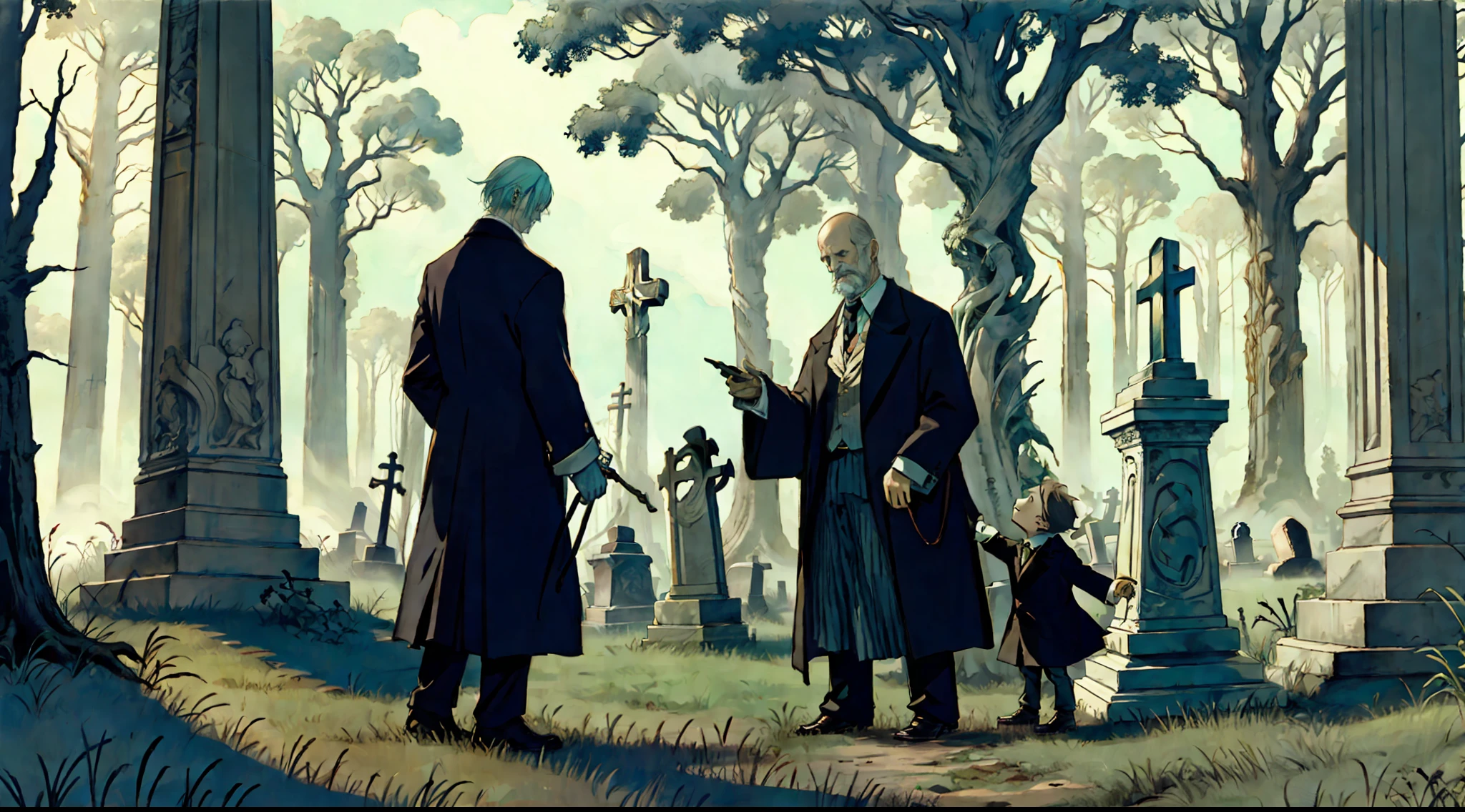 An elemental cryptid in an enchanting cemetery by Edward Gorey and Fritz Bleyl