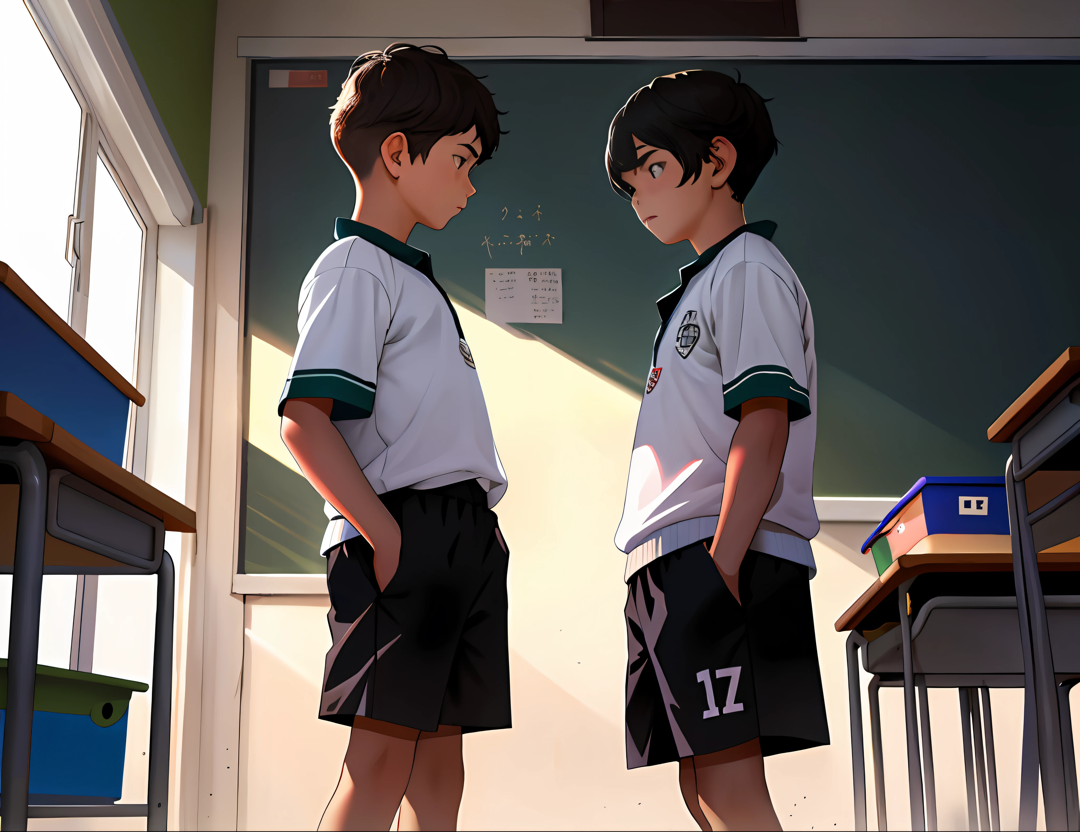 2boys , Parlero, dentro, (obra maestra, La mejor calidad, absurdos ), escuela,Classroom, Ropa deportiva,looking at eachother , rubor claro,