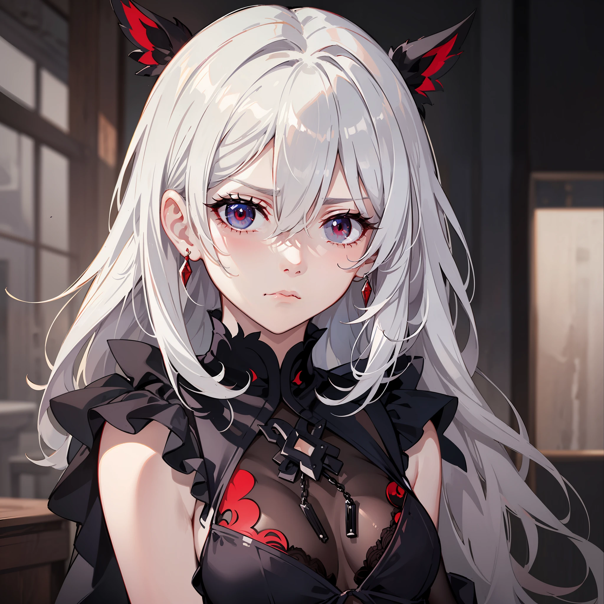 "1girll, (Solo:1.2), ((Masterpiece)), [Slim], (Small breasts), Pale skin, ((Detailed eyes)), (Background blur), ganyudef white hair, scowling, Unhappy, Red eyes, villainous, Dark theme, [eyes liner], Evil".