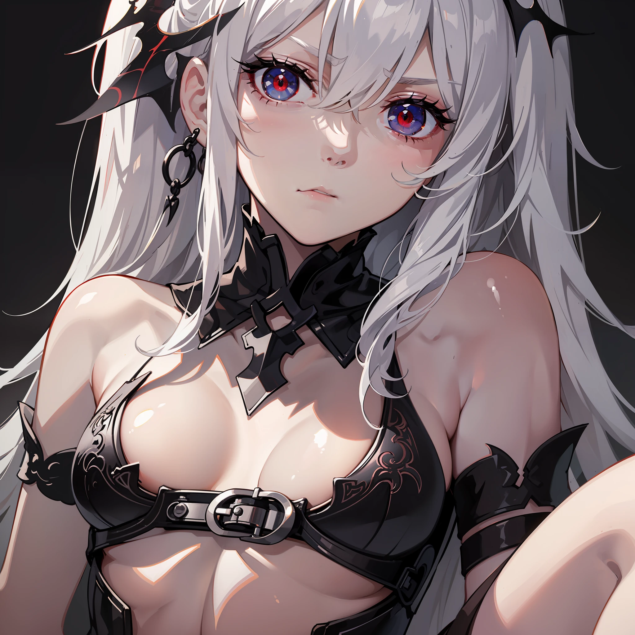 "1girll, (Solo:1.2), ((Masterpiece)), [Slim], (Small breasts), Pale skin, ((Detailed eyes)), (Background blur), ganyudef white hair, scowling, Unhappy, Red eyes, villainous, Dark theme, [eyes liner], Evil".