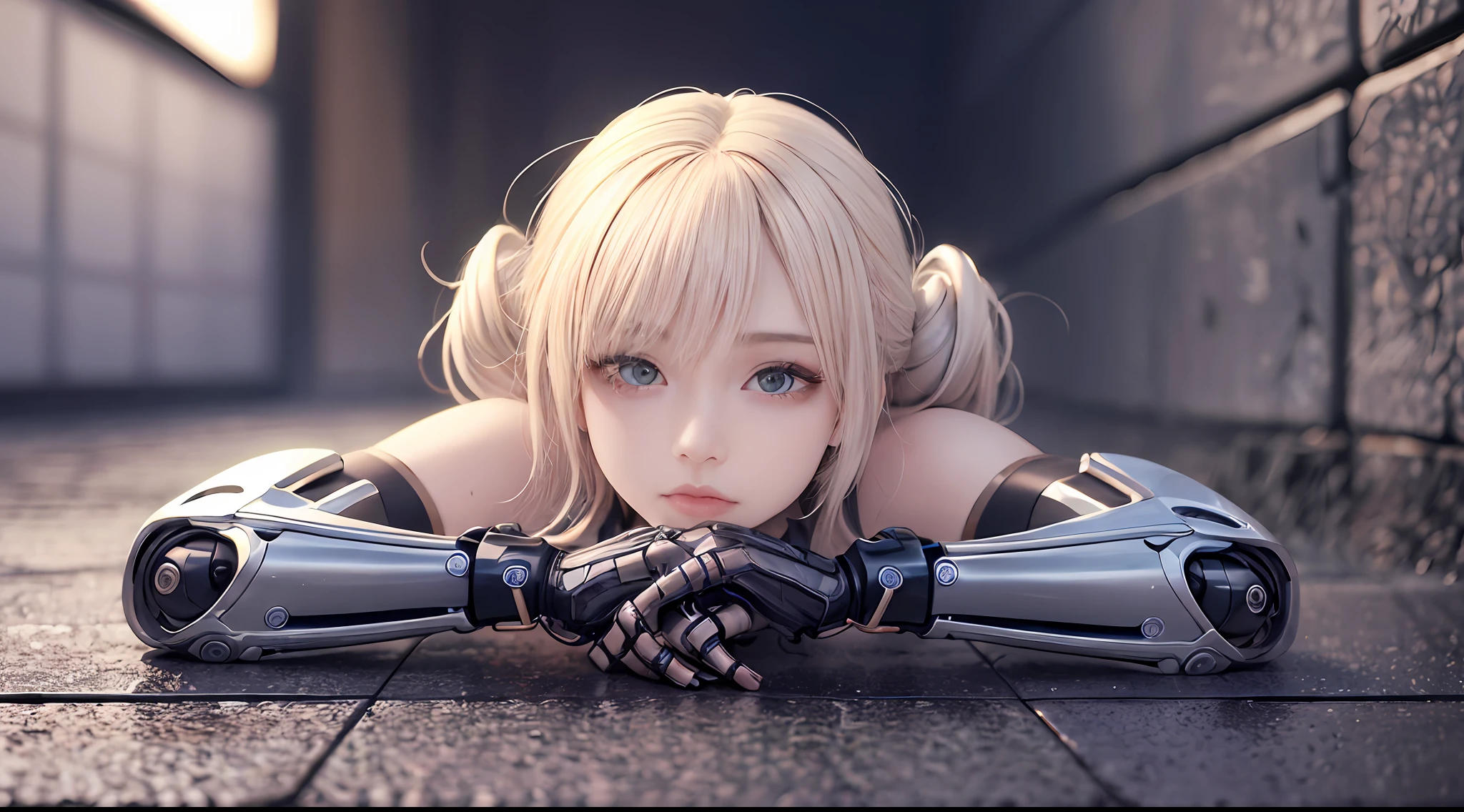 Super detail, hyper HD, retinas, Masterpiece, ccurate, Anatomically correct, Textured skin, Super detail, High quality, 8K，1girll，Cyberpunk Style，perfect bodies，White mechanical set，Mechanical limbs，Mechanical body，curlies，short detailed hair，Blonde hair，Detailed eyes，Detailed facial features，Scowl, chin grab, Determined, Contemplative，Sit Pose，Sam,polypubic hair,Rained，Reflective pavement，inverted image，full body shot shot，looking to the camera，ultra-wide-angle，Wall background，Side lighting，电影灯光，Ultra vision，ultra-wide-angle