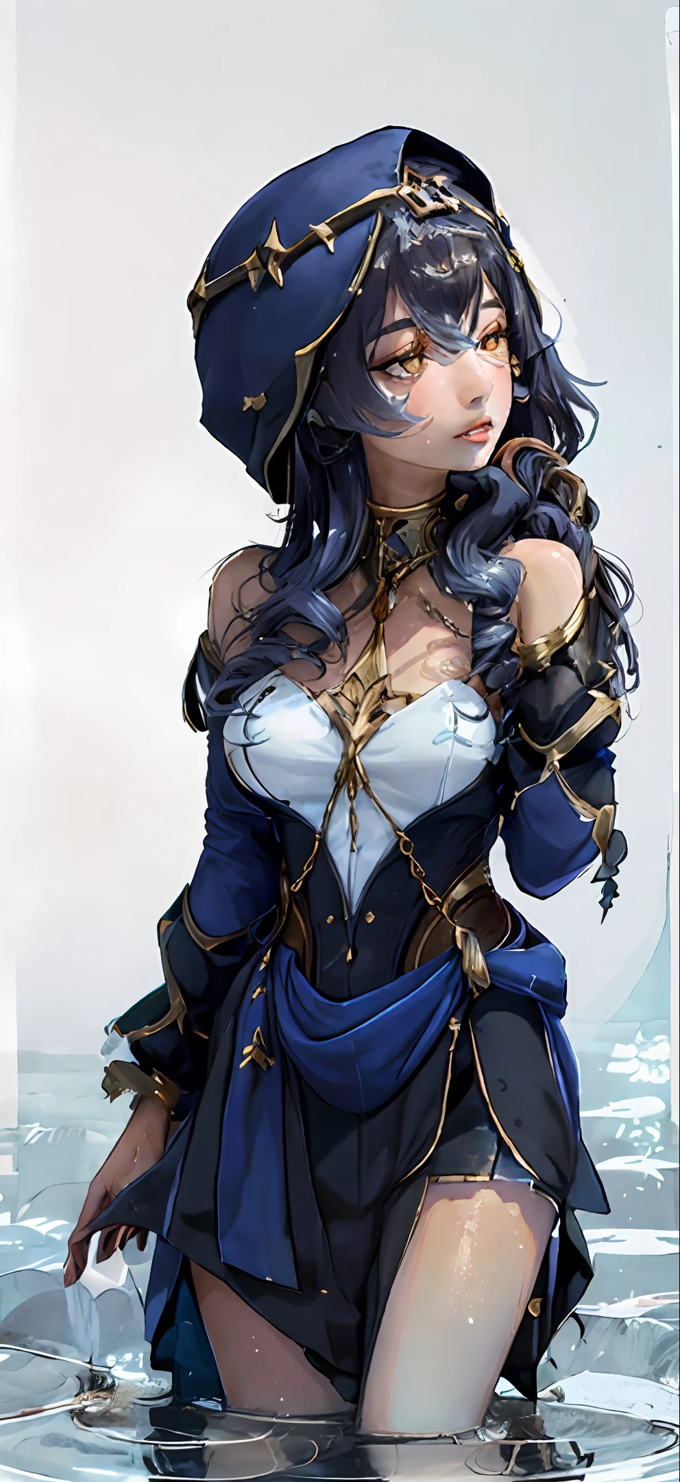 1girl, best quality, nsfw, hand drawn,  hetero,, wild, gorgeous woman, beautiful art, masterpiece, (masterpiece), Style-Hamunaptra, detailed eyes, long eyelashes, grabbing breast, water, kissing neck, transparent skirt