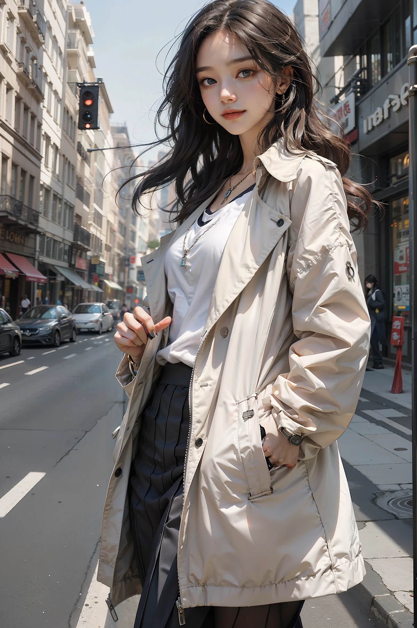 one-girl，Girl in fashion sweatshirt trench coat long skirt front poster，The color of the clothes is bright and simple，Cute, Very aesthetic，Realistic style anime，ssmile，self-assured，Put your hands in your pockets，tmasterpiece，ultraclear，8K，HighestQuali，