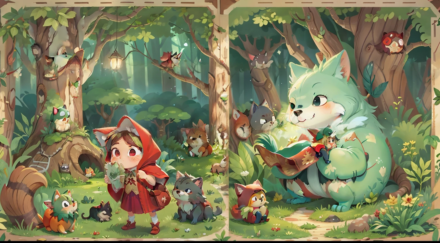 Fairytales，fairy tale forest，Small animals，littleredridinghood，big bad wolf