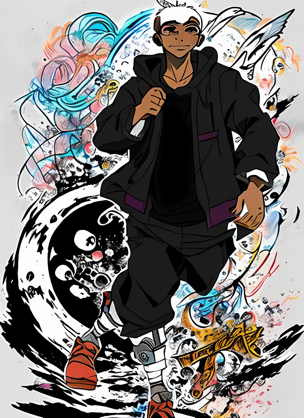 Black Man, anime style studio ghibli, ciber punk samurai