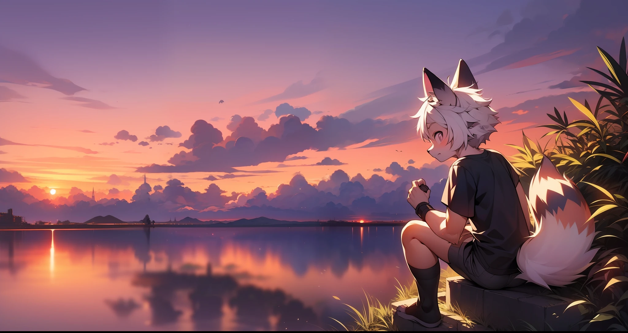 (A turtle),red fox,sitting on the stone,((Shota)), Red and white hair, Very good figure, Handsome,adolable, Light:Extreme light and shadow, Reflective skin,Reddish skin,Black short-sleeved T-shirt, ((Wear black knee-length socks)), ((Wear black fingerless gloves)),Black shorts,((Under the pink sunset)),Outdoor sunset,Purple clouds
