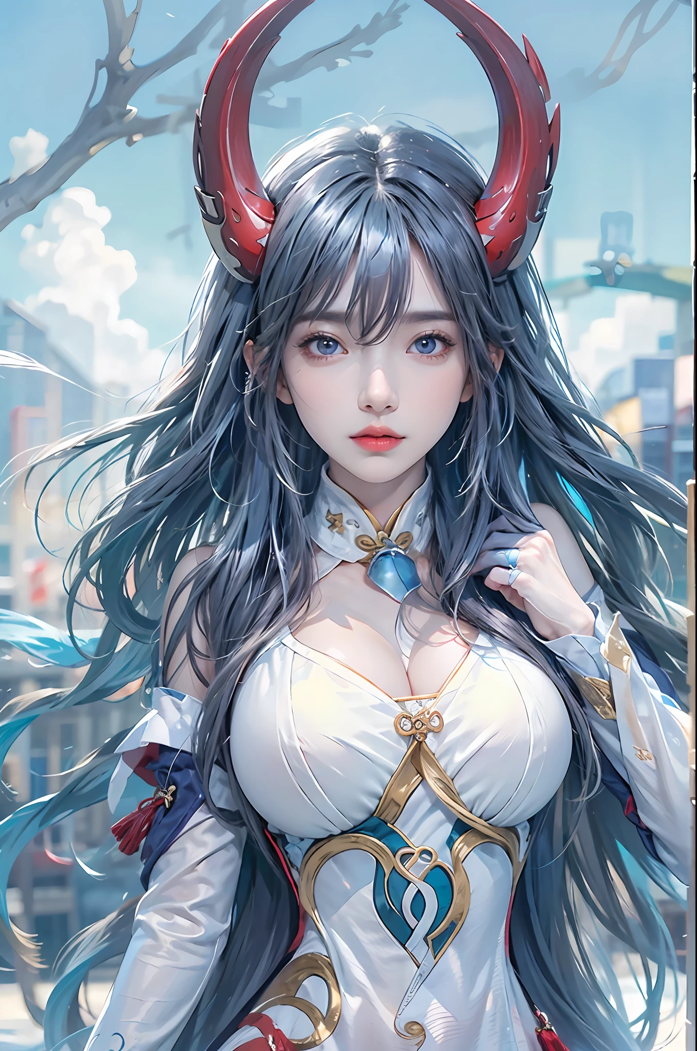 pphotorealistic, high resolution, 1 woman, blue long hair, beautiful eyes, normal breast, ganyu clothes,gloves, horns, neck bell, pantyhose, purple eyes, sidelocks, tassel, white sleeves,(ganyu \(genshin impact\))
