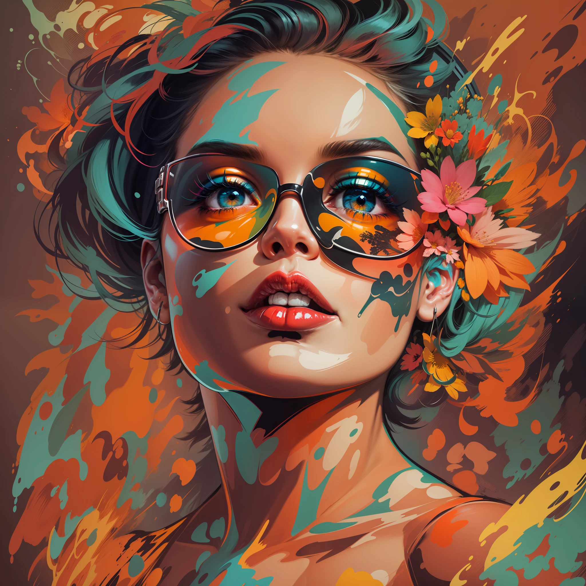 Create a digital art work in pop art style, featureing a vibrant and confident woman with bold makeup and colorfull fashion, cinematic color scheme, surrounded by abstract flower patterns, energtic brushstrokes,the mood should be dynamic.