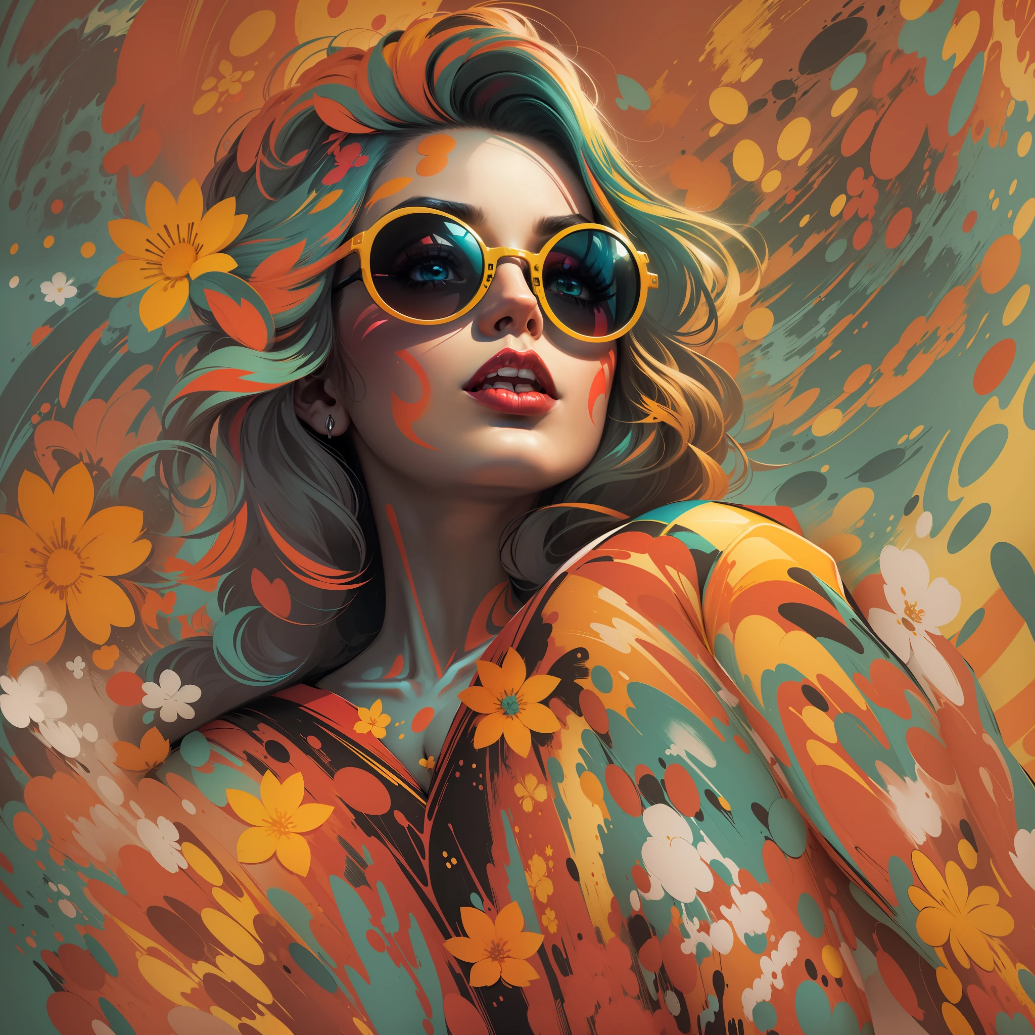 Create a digital art work in pop art style, featureing a vibrant and confident woman with bold makeup and colorfull fashion, cinematic color scheme, surrounded by abstract flower patterns, energtic brushstrokes,the mood should be dynamic.