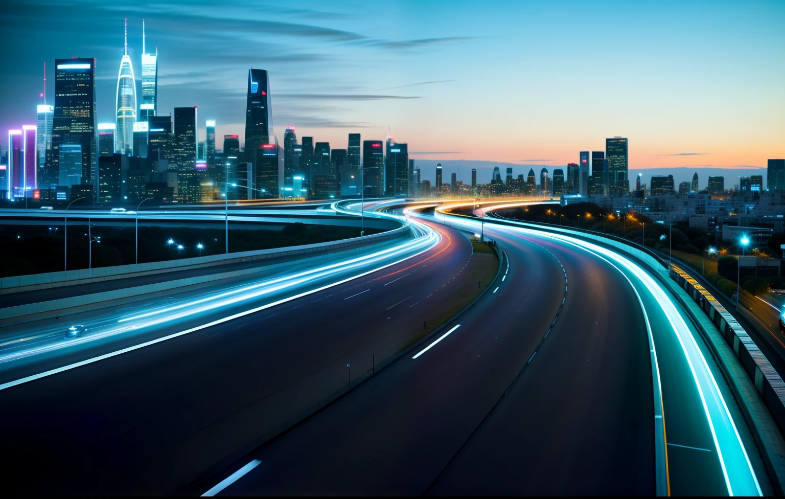 Alafid view of the highway with the city skyline as the background, urban backdrop, long exposure outside the city, traffic with light trails, city twilight landscape, Vibrant and dynamic, super wide view of a cityscape, City in the background, Drive through the city, Photo of futuristic cityscape, city in backround, long exposure shot, urban in the background