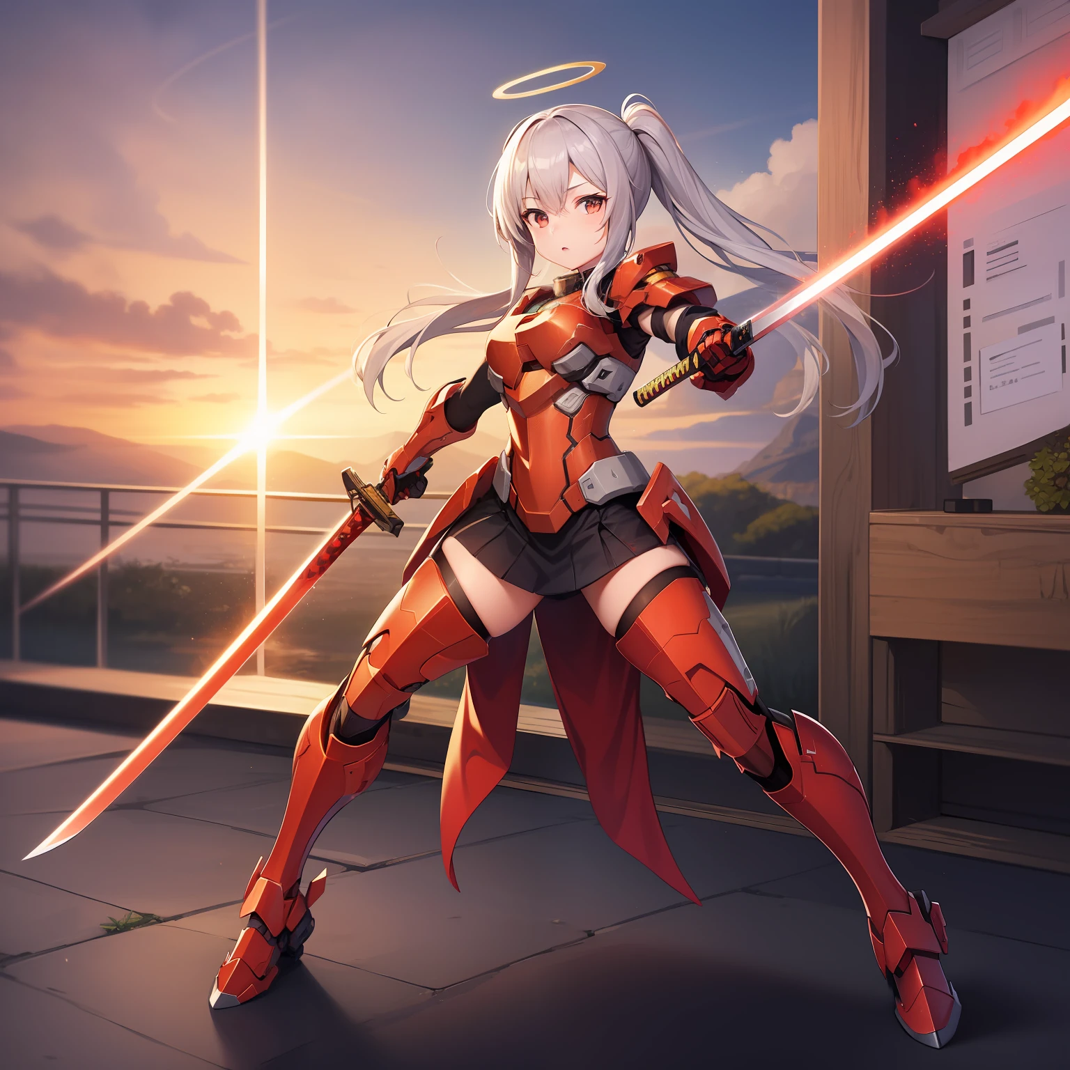 1 girl, solo, Ayanami from Azur Lane, fighting stance, katana in hand, massive great laser sword, swinging sword, highly detailed katana, (masterpiece), (best quality), detailed eyes, beautiful hands, straight hands, shiny hair, light blonde hair, extremely long hair in a pony tail, straight hair, reddish orange eyes, full body, small breasts, standing, blue sky, (((red and silver spartan armor from Halo))), standing, (highly detailed rifle),