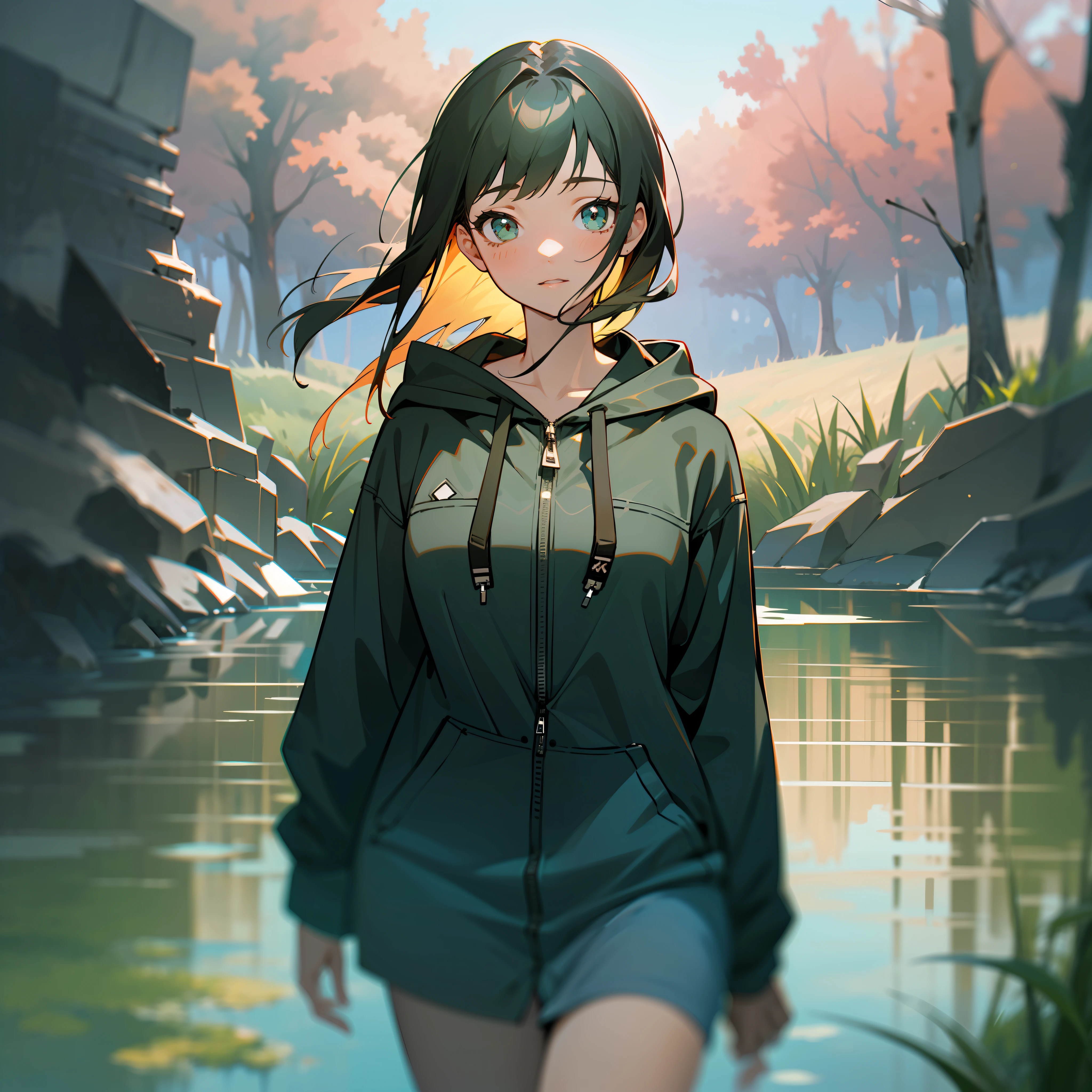mksks style, (very detailed background:1.0), (highly detailed background:1.0), 1girl, full_body, looking_at_viewer, hoodie, partially_unzipped, masterpiece, best quality, (1girl, solo, girl:1.2), lake, grass, walking on water, jumping, stone ruins, chromatic aberration, depth of field, soft lighting