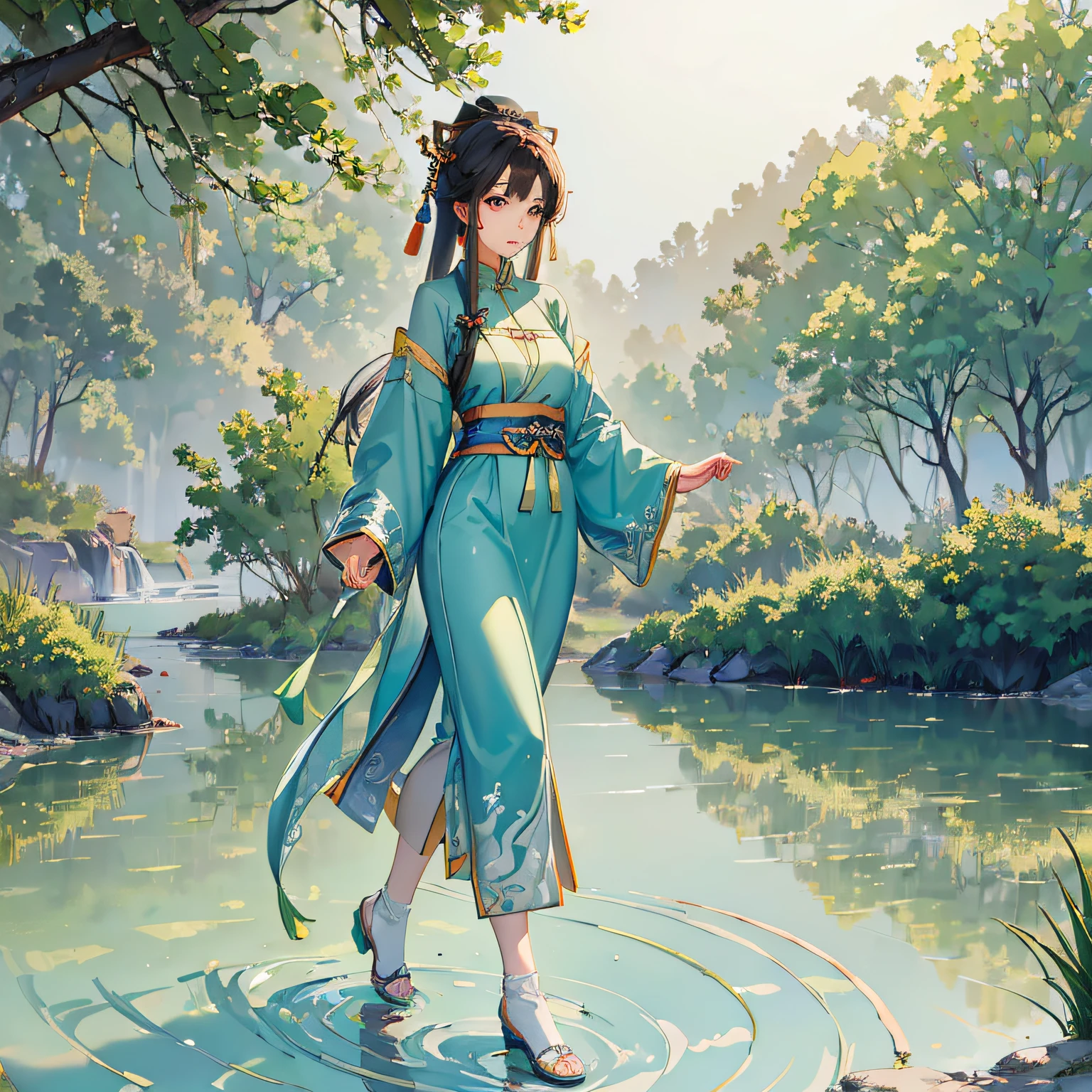 Dressed in plain clothes, walking on the bank of green water, quiet beauty, Han Dynasty style, green grass next to green water --auto