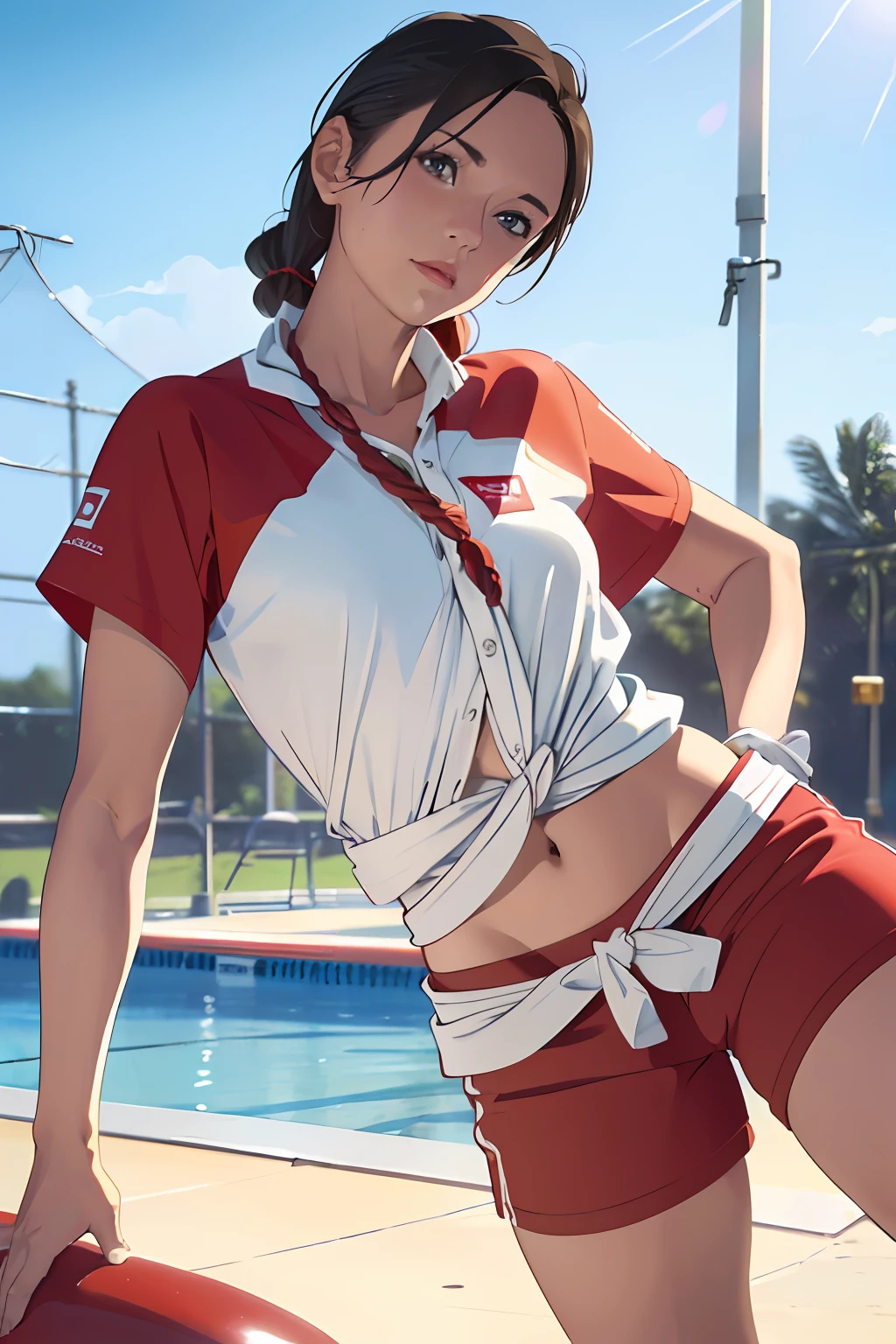 1girl, (full body), (action shot), (dynamic pose, hands in pockets), (Stephanie as a lifeguard wearing a knotted plain white shirt and red shorts:1.8), at the beach, lifeguard tower, (short messy black hair), (skinny, toned, abs, flat chest:1.4), symmetrical eyes, (beautifully detailed face, beautiful detailed eyes), dramatic lighting, ((8k, RAW photo, highest quality, masterpiece), High detail RAW color photo professional photo, (realistic, photorealism:1.5), (highest quality), (best shadow), (best illustration), ultra high resolution, highly detailed CG unified 8K wallpapers, physics-based rendering, cinematic lighting), photorealistic, photo, masterpiece, realistic, realism, photorealism, high contrast, photorealistic digital art trending on Artstation 8k HD high definition detailed realistic, detailed, skin texture, hyper detailed, realistic skin texture, armature, best quality, ultra high res, (photorealistic:1.4), high resolution, detailed, raw photo, sharp re, by lee jeffries nikon d850 film stock photograph 4 kodak portra 400 camera f1.6 lens rich colors hyper realistic lifelike texture dramatic lighting unreal engine trending on artstation cinestill 800 --auto
