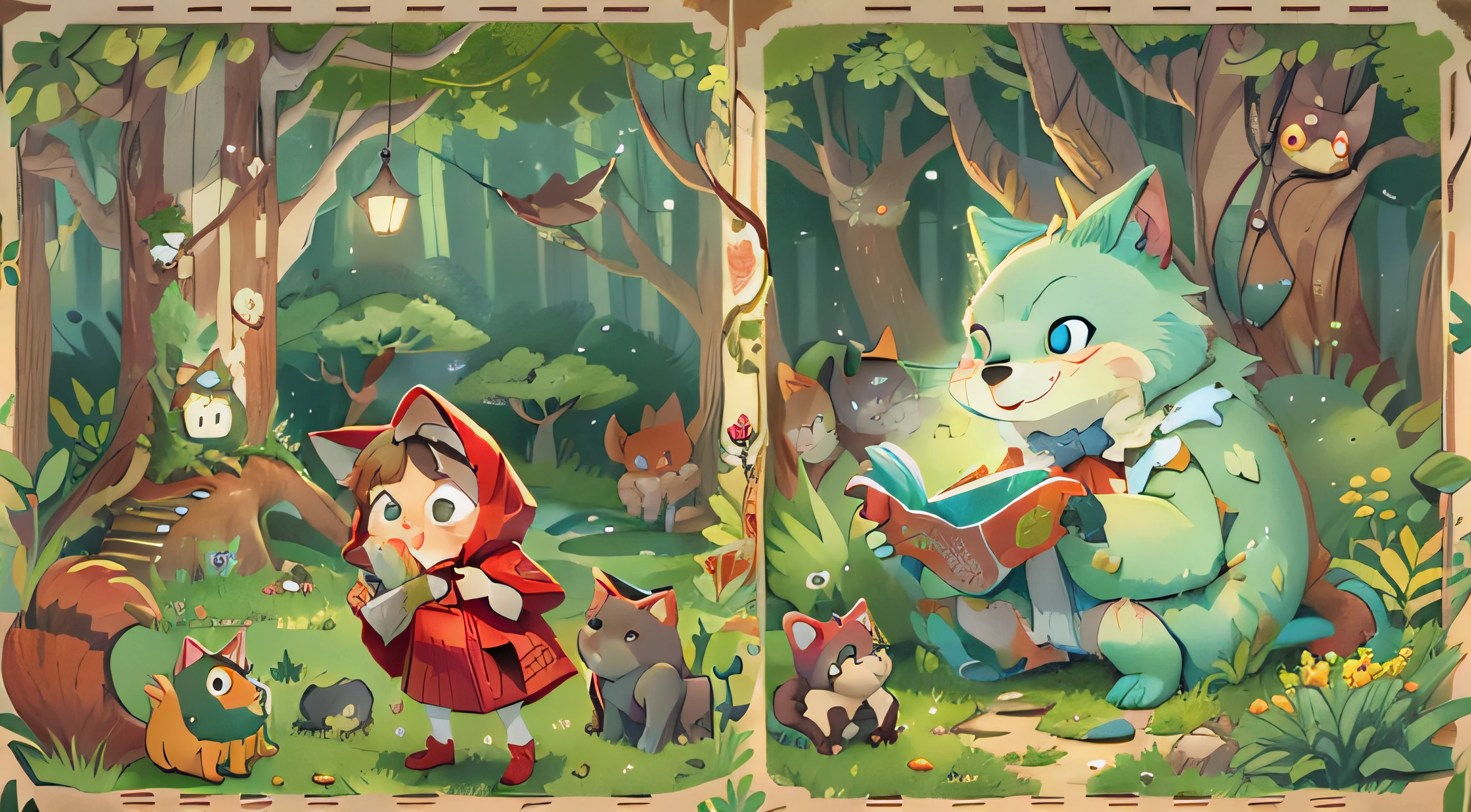 Fairytales，fairy tale forest，Small animals，littleredridinghood，big bad wolf