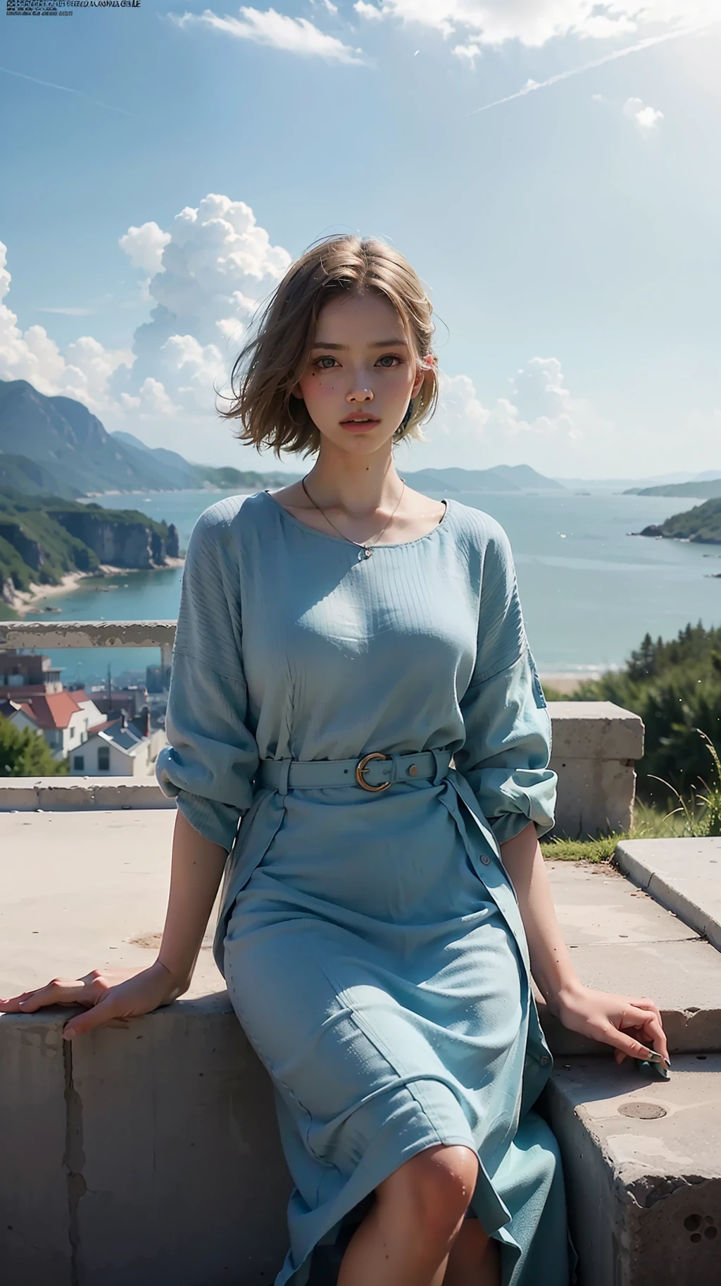 (Realistic, photo realistic style:1.4), (Very realistic skin Color:1.5), (Fashion magazine photography:1.5), unreal engine, digital Character photography, film art, Photorealistic, 8k,  beautiful,  high detail,  high poly,  highly detailed,  highly detailed,  very beautiful photograph of,  lofi, beautiful,  extremely detailed,  high detail,  
Ethereal fashion image of a model, bathed in pastel shades, floating amidst a cloud-filled sky, shot in an ultra-wide angle, creating a dream-like composition. Medium: Elle. Artist: Elina Brotherus, steps:50