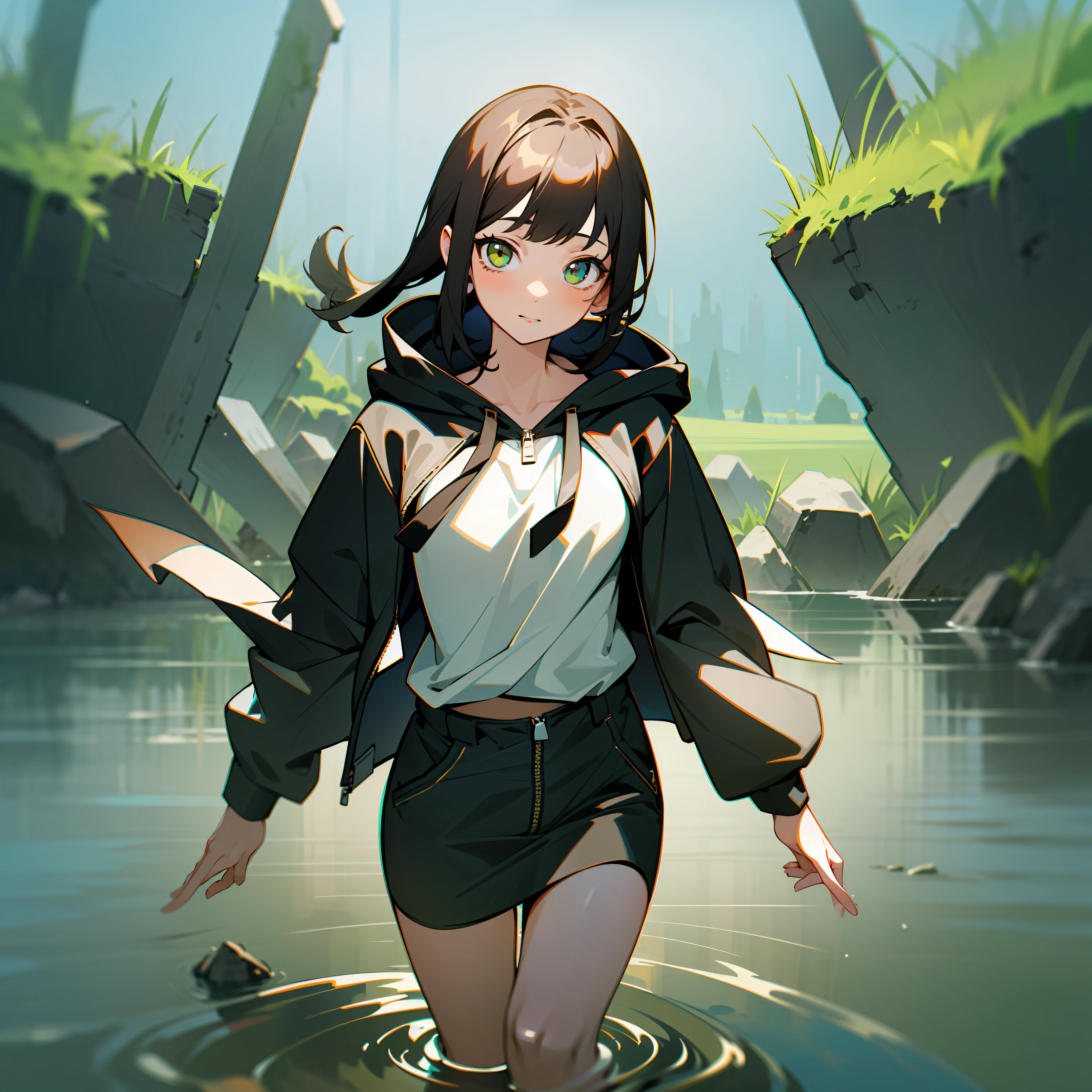 mksks style, (very detailed background:1.0), (highly detailed background:1.0), 1girl, full_body, looking_at_viewer, hoodie, partially_unzipped, masterpiece, best quality, (1girl, solo, girl:1.2), lake, grass, walking on water, jumping, stone ruins, chromatic aberration, depth of field, soft lighting