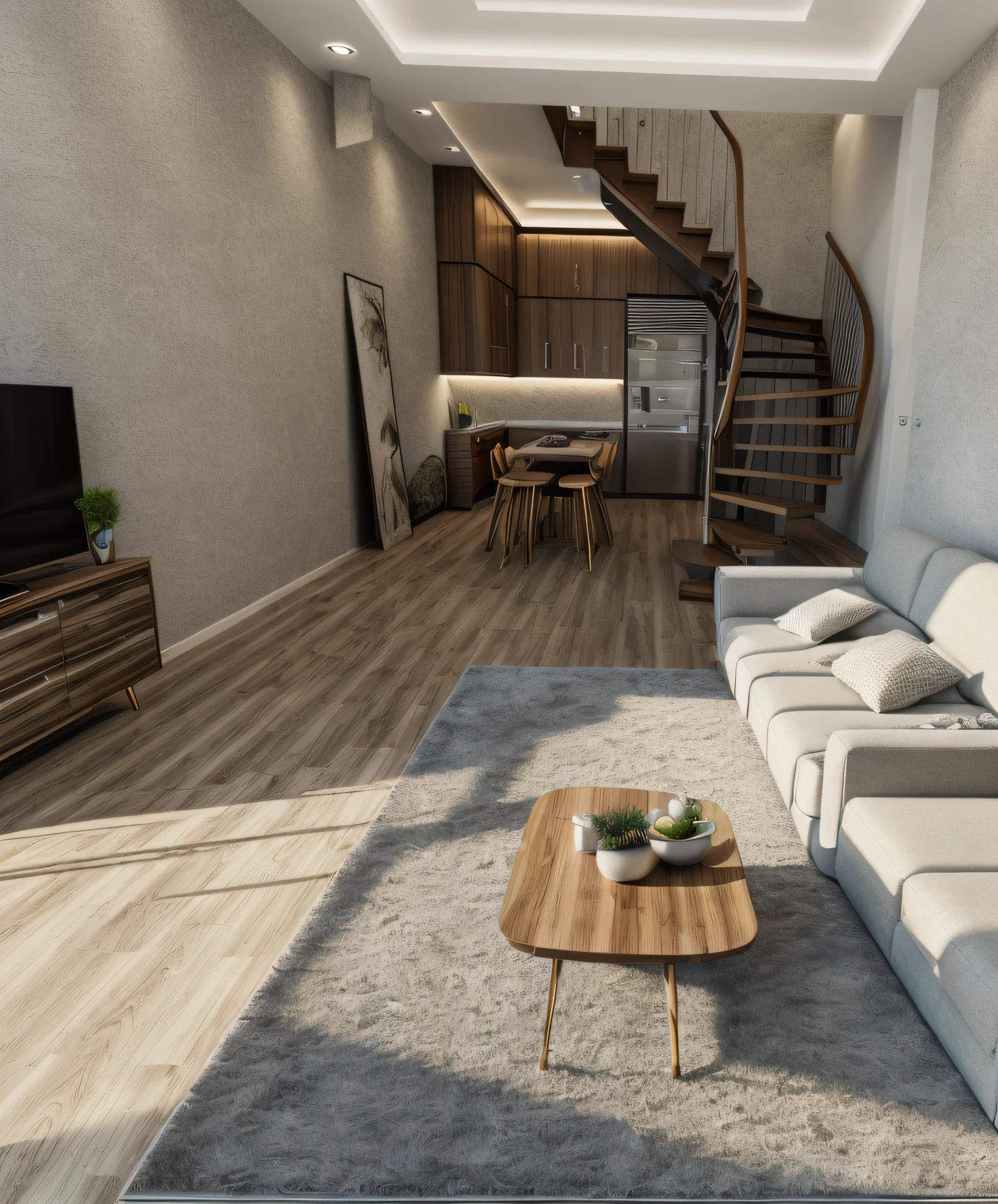 ((masterpiece,best quality,highres,sharp forcus)) (((detail forcus))) (livingroom ,4k , sofa , Tivi, flat plaster ceilling), (kitchen and dining table:1.1), stair to 2nd floor