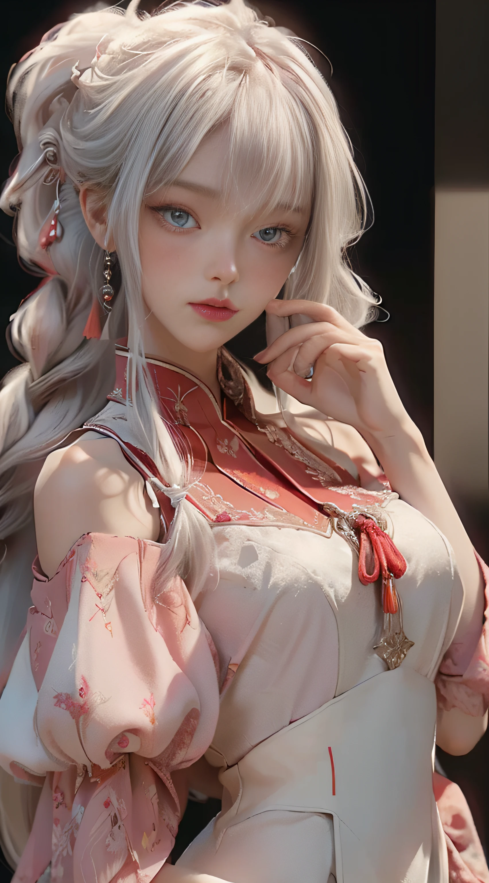 (masterpiece,bestquality,ultra-detailed,bestshadow),(detailedbackground,darkfantasy),(beautifuldetailedface),highcontrast,(bestillumination,anextremelydelicateandbeautiful),((cinematiclight)),colorful,hyperdetail,dramaticlight,intricatedetails,red eyes, long hair, looking at another, fake screenshot, multiple girls, bangs, eye contact, 2girls, ascot, white hair, braid, shirt, upper body, blush, hair between eyes, red ascot, dress, phone screen, bare shoulders, bow, parted lips