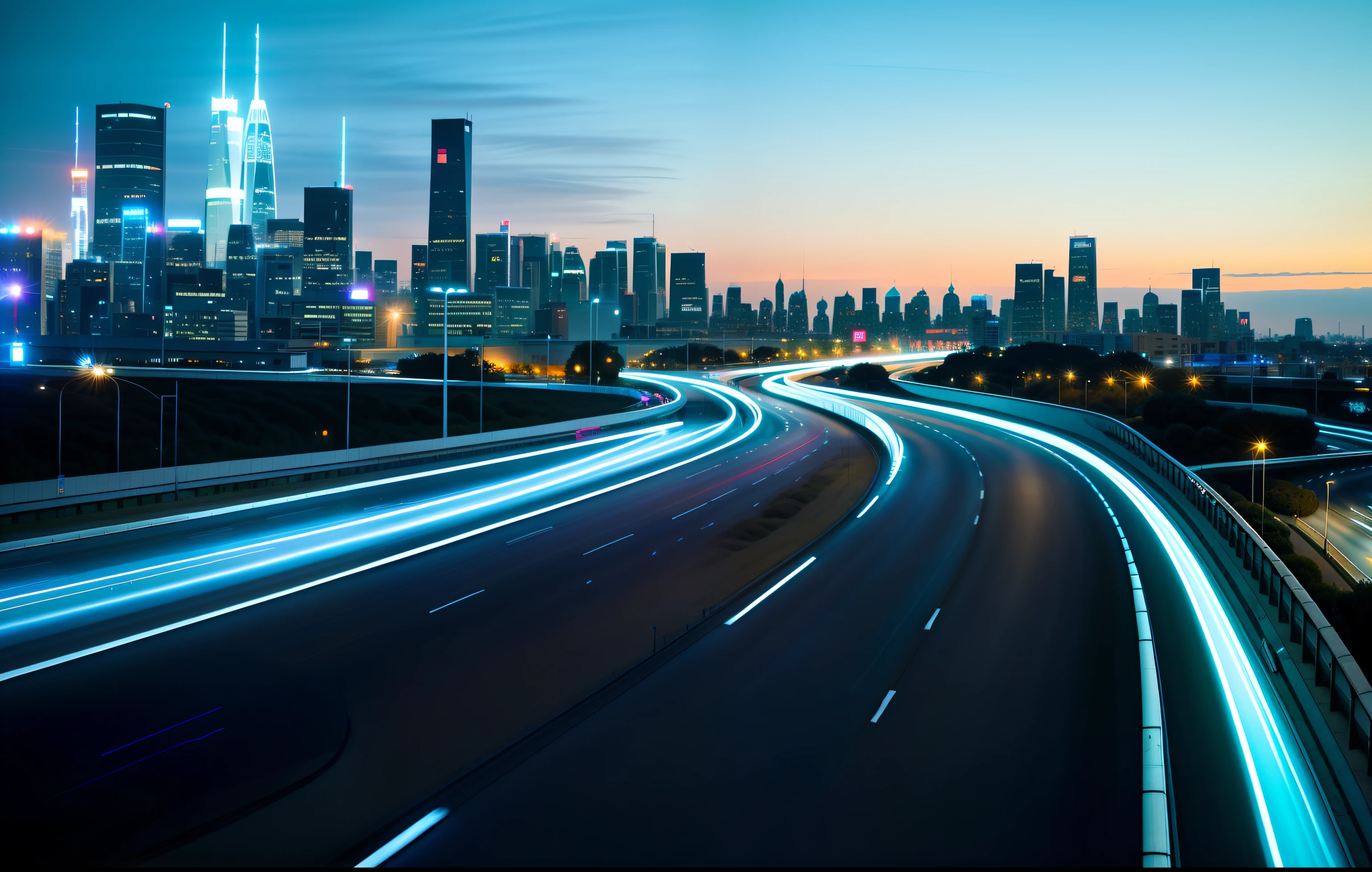 Alafid view of the highway with the city skyline as the background, urban backdrop, long exposure outside the city, traffic with light trails, city twilight landscape, Vibrant and dynamic, super wide view of a cityscape, City in the background, Drive through the city, Photo of futuristic cityscape, city in backround, long exposure shot, urban in the background