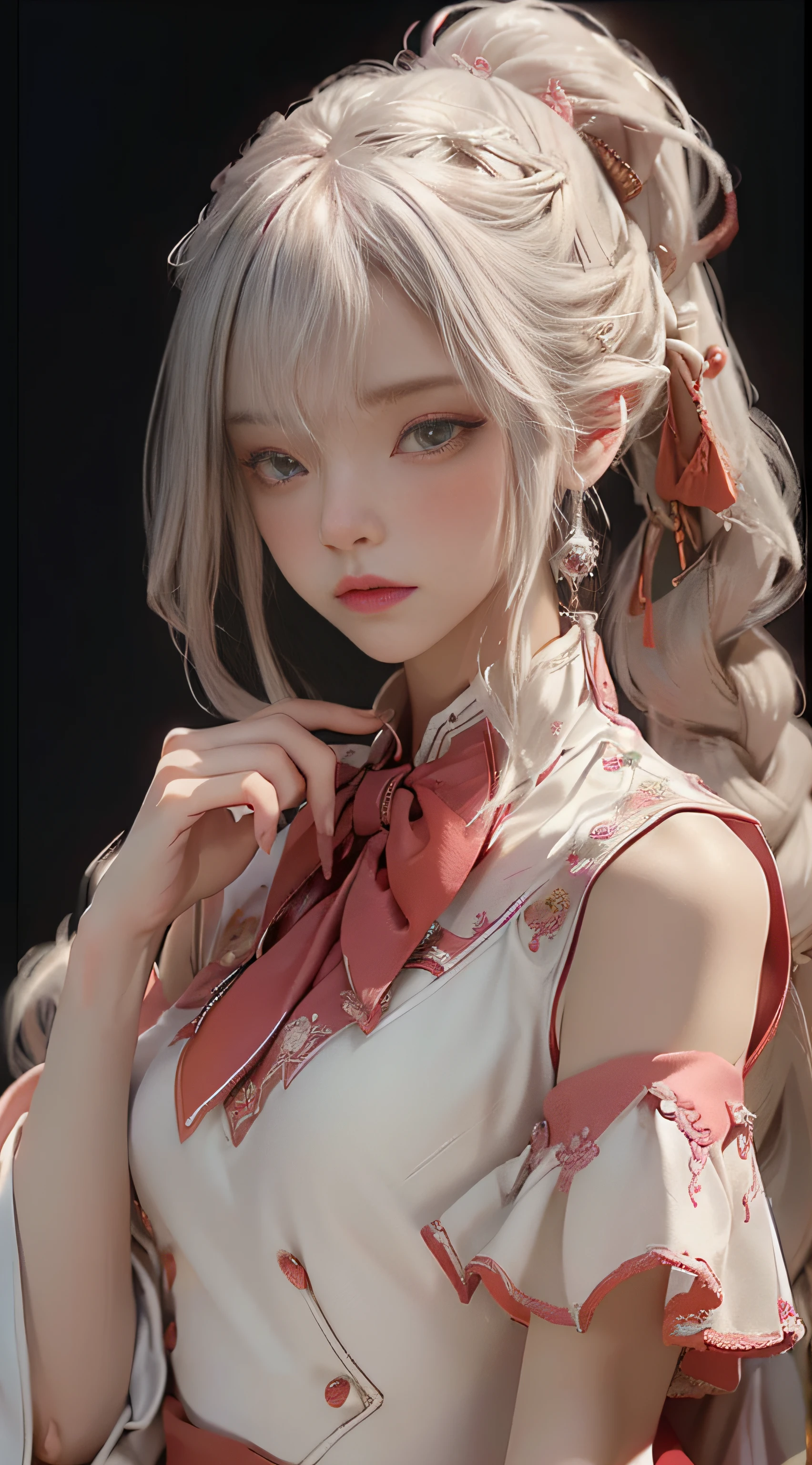 (masterpiece,bestquality,ultra-detailed,bestshadow),(detailedbackground,darkfantasy),(beautifuldetailedface),highcontrast,(bestillumination,anextremelydelicateandbeautiful),((cinematiclight)),colorful,hyperdetail,dramaticlight,intricatedetails,red eyes, long hair, looking at another, fake screenshot, multiple girls, bangs, eye contact, 2girls, ascot, white hair, braid, shirt, upper body, blush, hair between eyes, red ascot, dress, phone screen, bare shoulders, bow, parted lips