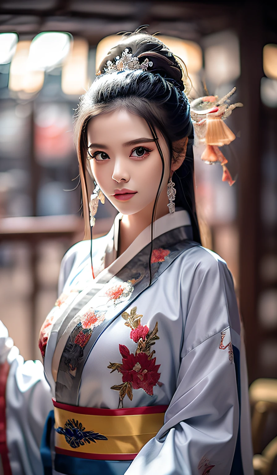 top-quality、​masterpiece、hight resolution、Wuxi 1girl、Silver Cheongsam、((Super beautiful face))、Super beautiful eyes、Super beautiful hair、cleavage of the breast、exposed breast、Sexy cleavage、very highly detailed breasts、
