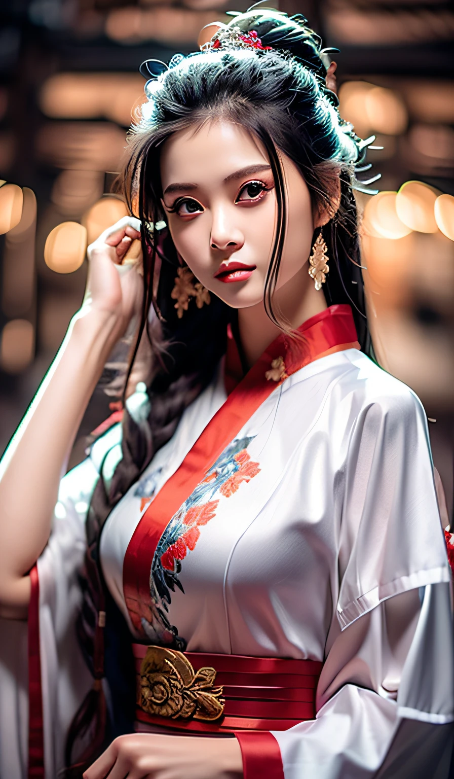 top-quality、​masterpiece、hight resolution、Wuxi 1girl、Silver Cheongsam、((Super beautiful face))、Super beautiful eyes、Super beautiful hair、cleavage of the breast、exposed breast、Sexy cleavage、very highly detailed breasts、