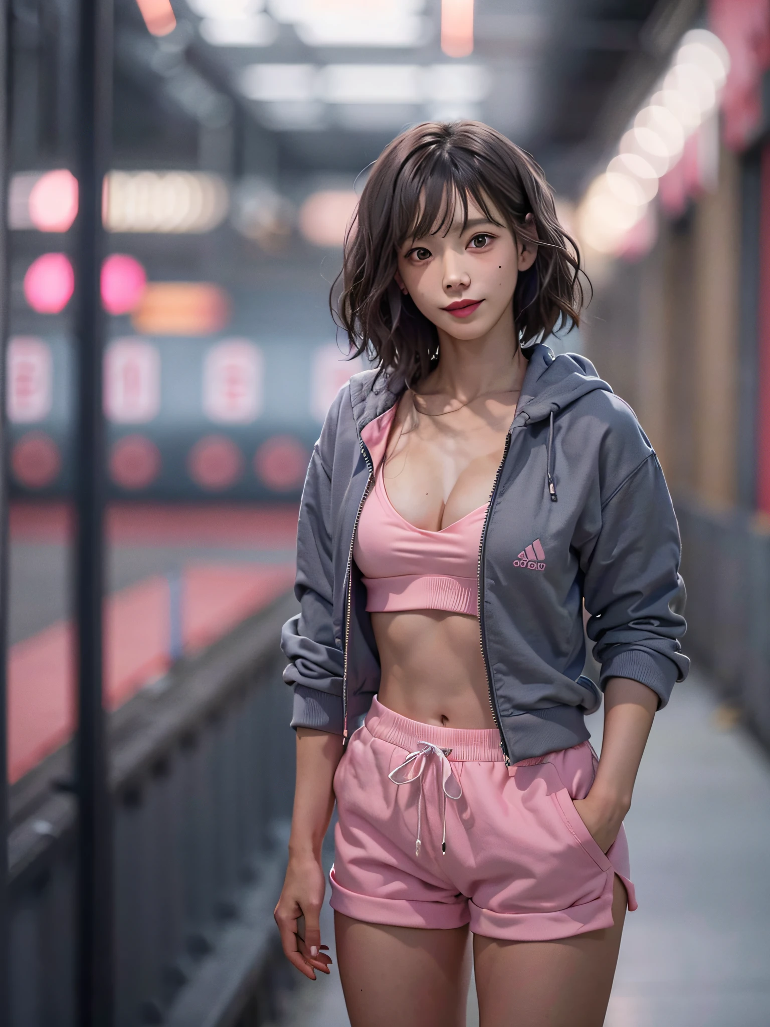 film photography, 1girl, Gray Track Top, pink shorts, cleavage, seductive smile, medium breast, full body, drunk blush:1.5, black wavy shoulder-length hair, serene, calm, (realistic detailed eyes, natural skin texture, realistic face details), soft dramatic lighting, depth of field, bokeh, vibrant details, finely detailed, hyperrealistic