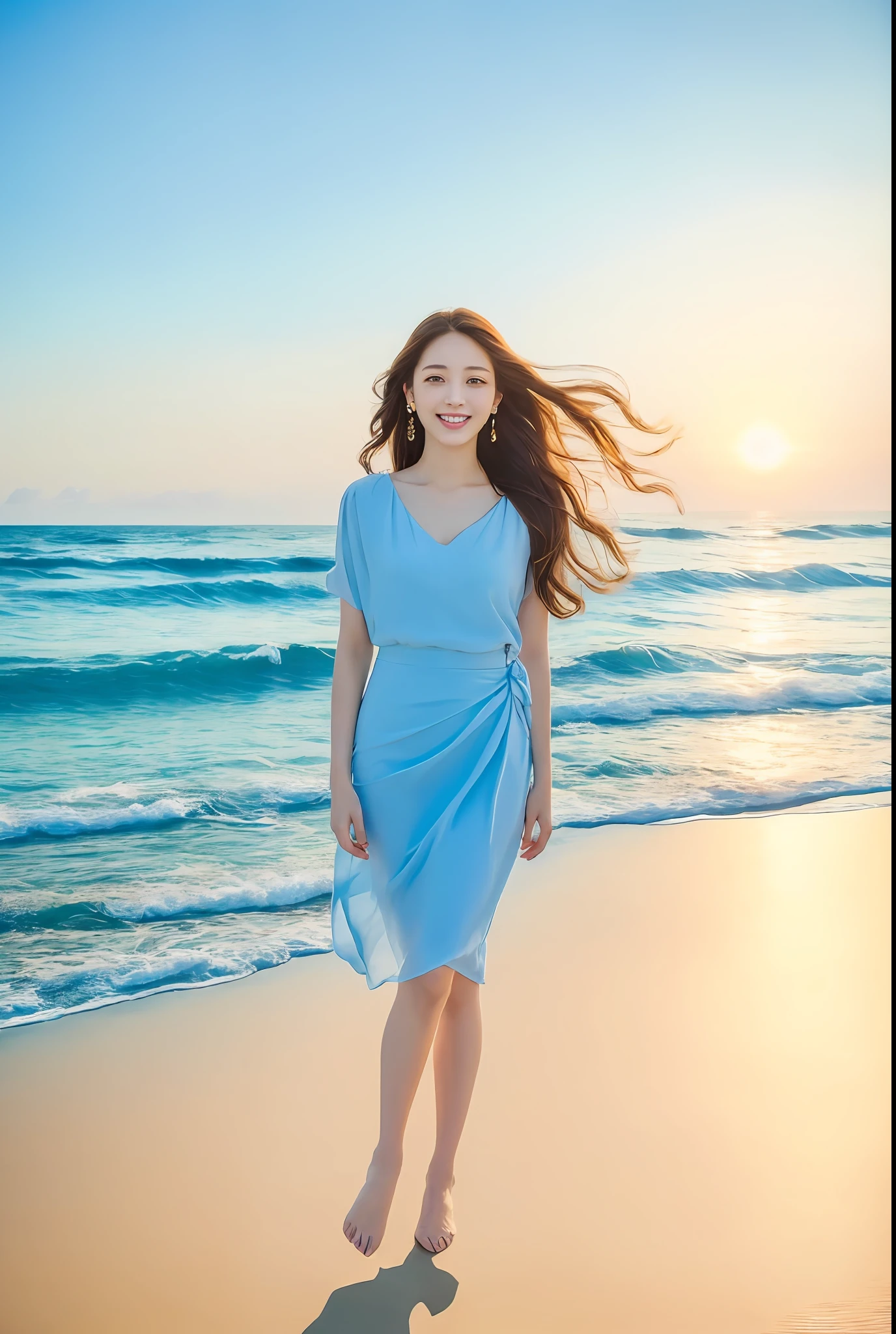 (masterpiece, top quality, best quality, official art, beautiful and aesthetic:1.2), (((1girl fly in the sky))), ((windy)),(jumping),white clouds, blue sky,(((full body))),highest detailed, (shiny skin) ,(earrings),
laughing out loud,
(masterpiece:1.3), (8k, photorealistic, RAW photo, best quality: 1.4),beautiful face, (realistic face), absurdres, attractive, ultra high res, ultra realistic, highly detailed, golden ratio, (outdoor, ocean, dawn)