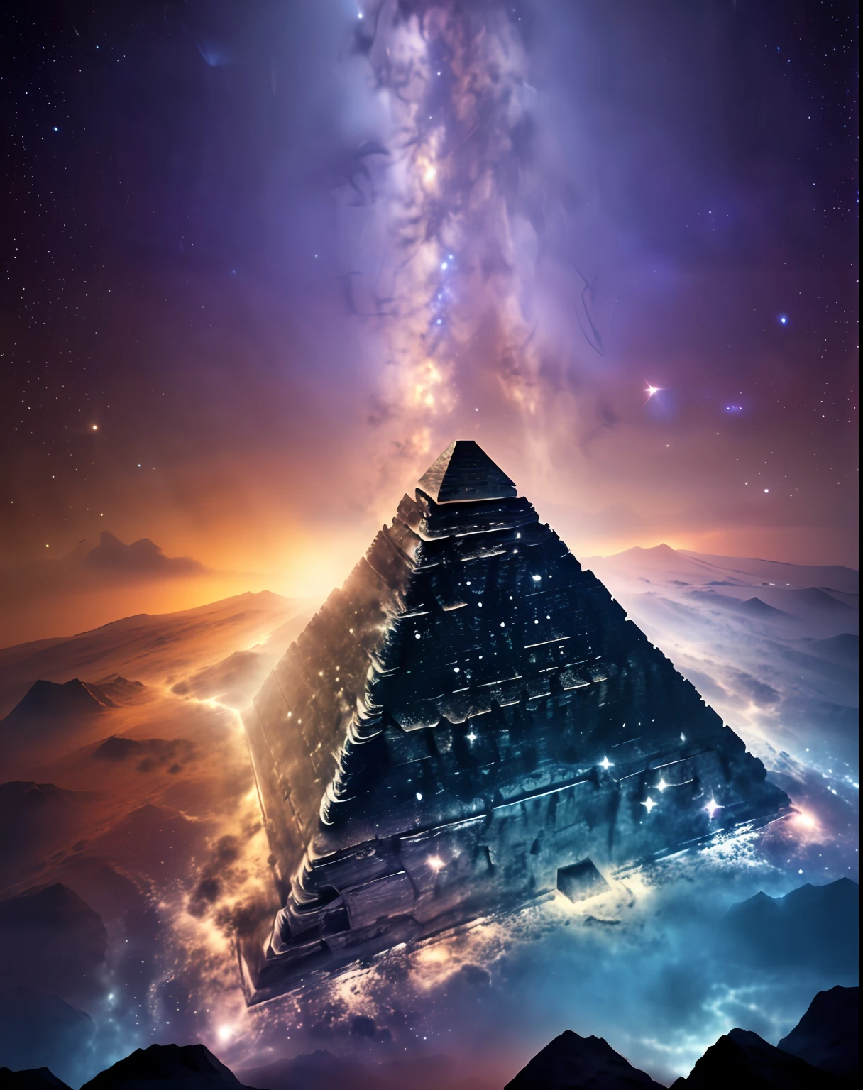 An ancient pyramid floating in an infinite universe. The pyramid is sparsely populated with stars. masterpiece, sharp, ultra detail, 8k,cyberspace soldier, angle view, top quality, dim, (high detail background:1.2),(high detail characters:1.2), dslr, soft lighting, high quality, film grain, fujifilm xt3, intricate detail,