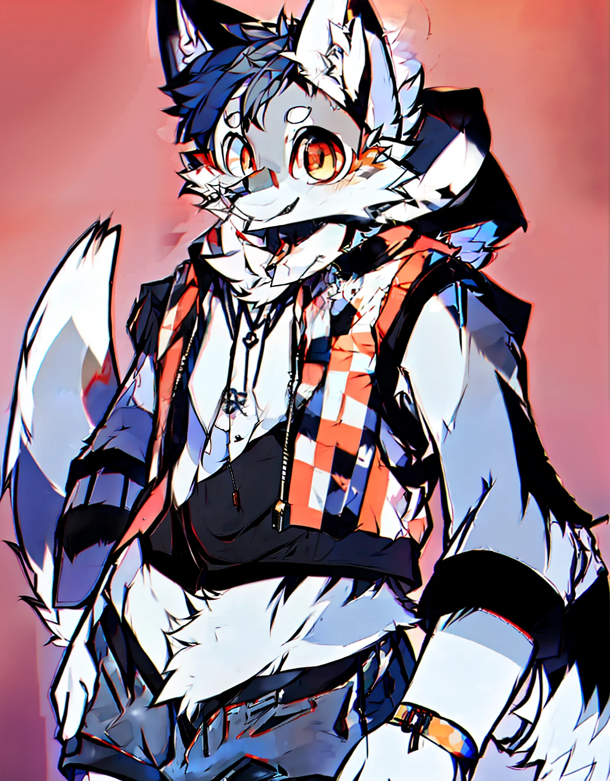 (Best quality)), ((Hyper-Resolution)), (Intricate details)coyote,Short white hair, Humanity,Libido boy, Crop top black hoodie, Gray fur,Shy and cute,Play the violin,Thin body, Curved thighs,enormous thigh,The thigh fur is gray, Fox with triangle detail, Outfit in black,White detailing V-neck, A fox with very dark ears,Clear vest line,sixpack abs,Heteropuline color,Red eyes,Limp,Gray hair,Loose shorts,Outfit in black