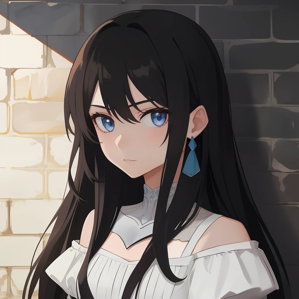 portrait, 1 girl, small breast, long black hair, wearing white dress, style medieval lady anime
