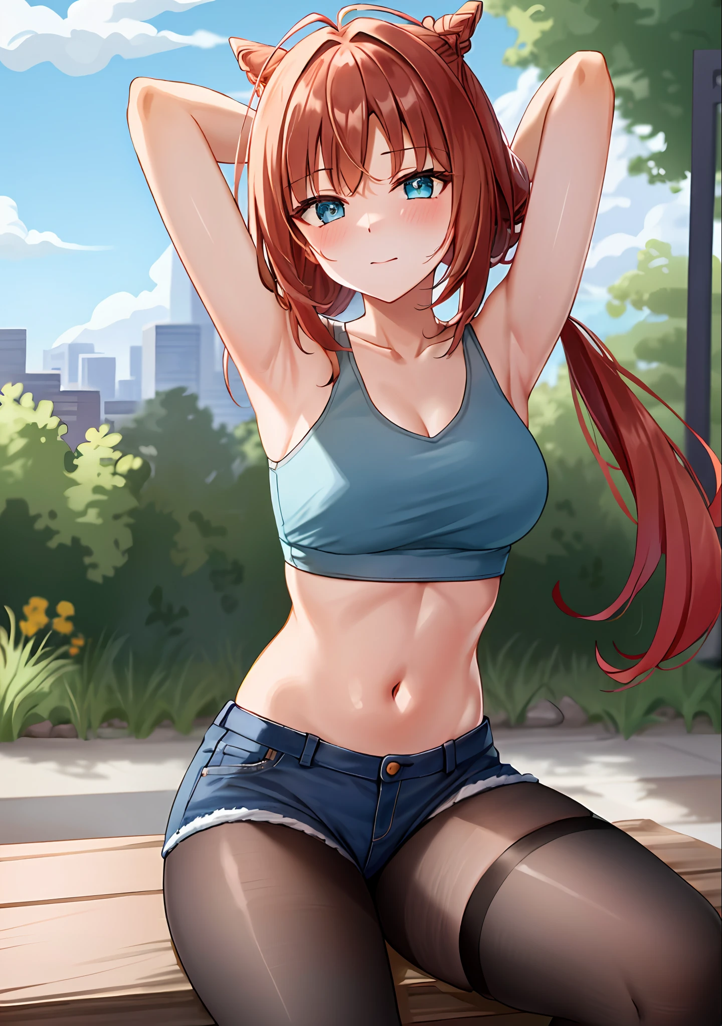 (masterpiece, best quality, ultra-detailed), nilou \(genshin impact\), (red hair), cone hair bun, twin tails, long hair, swept bangs, braid, braided bangs, blue eyes, blue eyes,
(wearing a t-shirt:1.2), sitting on a chair outside of caf, embracing the natural beauty, sunlight, beautiful cloudy sky, city, street, denim shorts, black stocking,
medium breasts, thick thighs, critical angle, cowboy shot, arm behind head, arm behind back, armpits, shy face, crop top, strong and seductive expressions,,