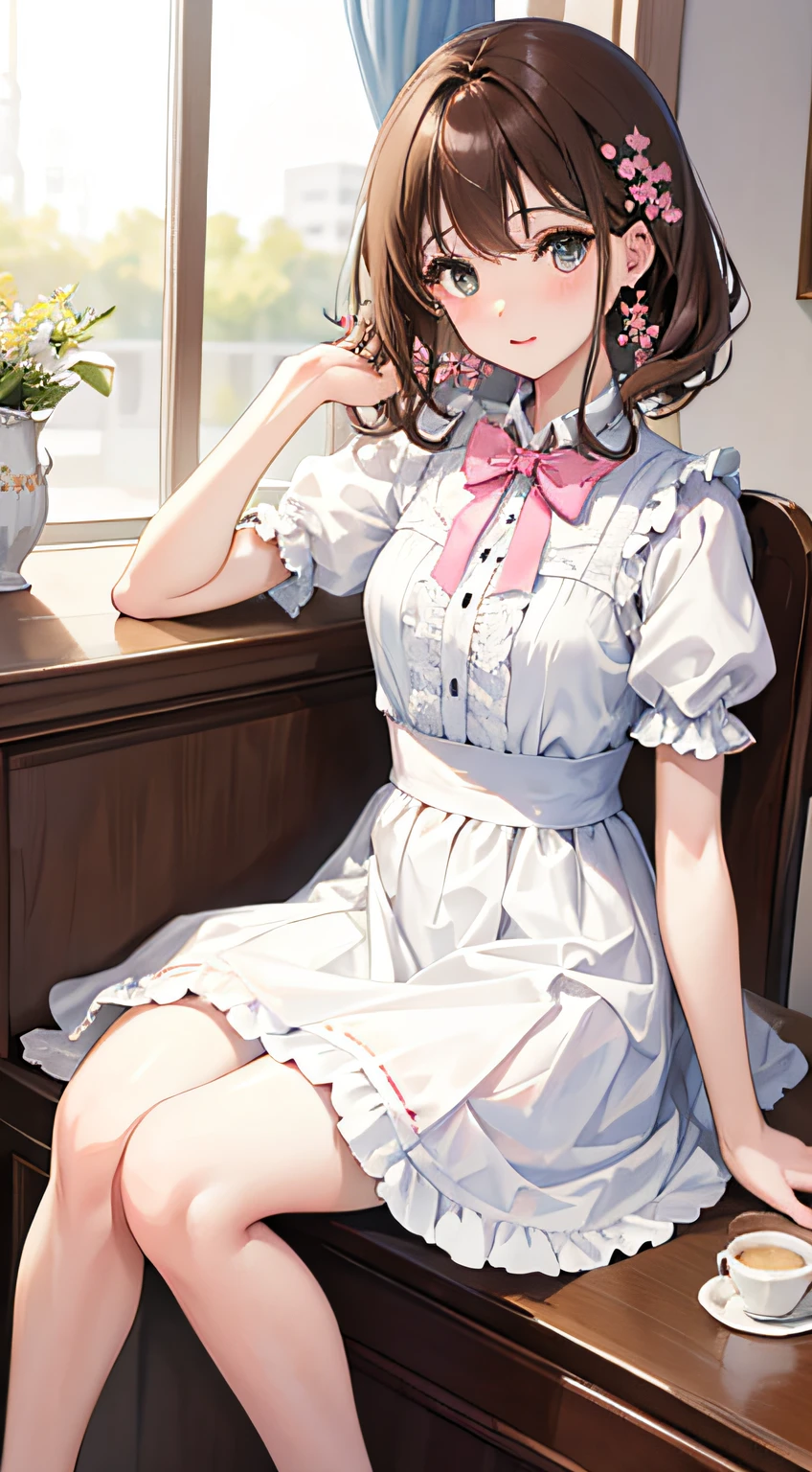 tmasterpiece,Best quality at best,kinomoto_sakura,Girly style,laced dress,pastel colour,Estampados florales,high waist skirt,ballet flats,Exquisite accessories,Cafe,inside in room,high tea,sitting down,desks,a young beautiful girl,greene eyes,with short brown hair,ultra - detailed,offcial art,Unity 8k壁纸,(Beautiful dress:1.3),..