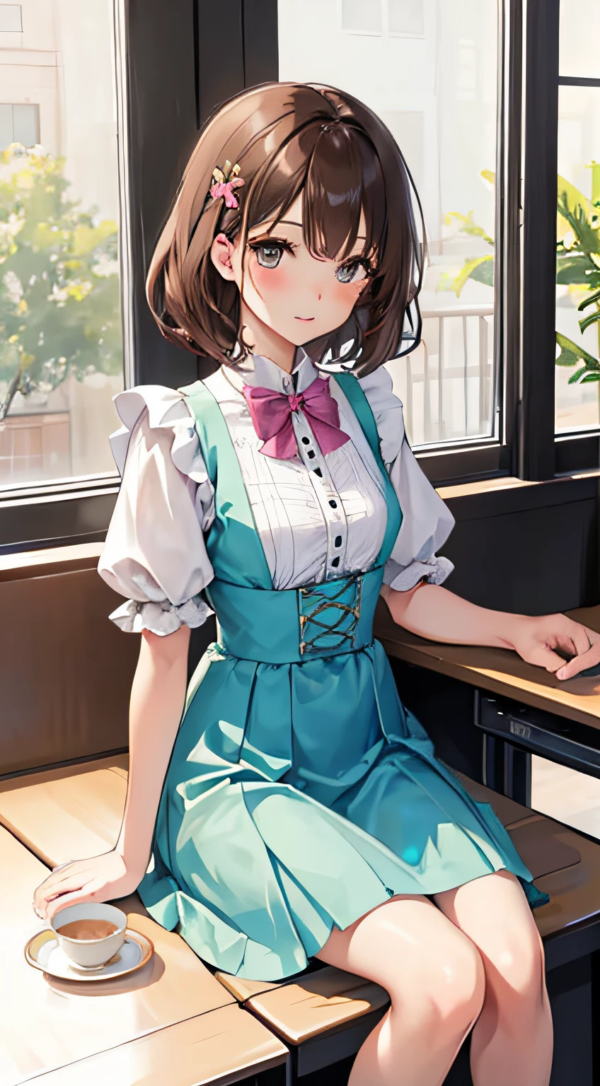 tmasterpiece,Best quality at best,kinomoto_sakura,Girly style,laced dress,pastel colour,Estampados florales,high waist skirt,ballet flats,Exquisite accessories,Cafe,inside in room,high tea,sitting down,desks,a young beautiful girl,greene eyes,with short brown hair,ultra - detailed,offcial art,Unity 8k壁纸,(Beautiful dress:1.3),..