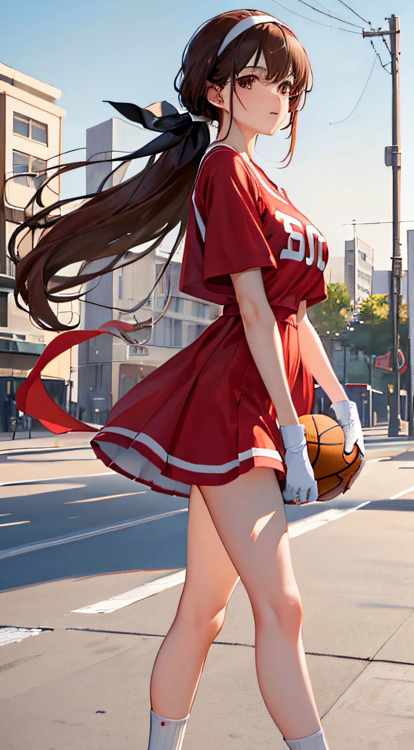 Outdoors,basketball playground,(Masterpiece, Top quality, Best quality, offcial art, Beautiful and aesthetic:1.2), (1girll:1.3), (delicate leg:1.3),((Masterpiece, Best quality,Photorealistic,)),(Magazines:1.3), (Beautiful dress:1.3),Fashionab,Girl,full body,Solo,Playing basketball, mitts, Headband,Blue sweatpants, pony tails,Pants,Black gloves, Large breasts, Long hair, Red basketball shirt,Brown hair, midriff, jewelry, White socks, White footwear, Cord, navel,shades, White socks, view the viewer,standing,..