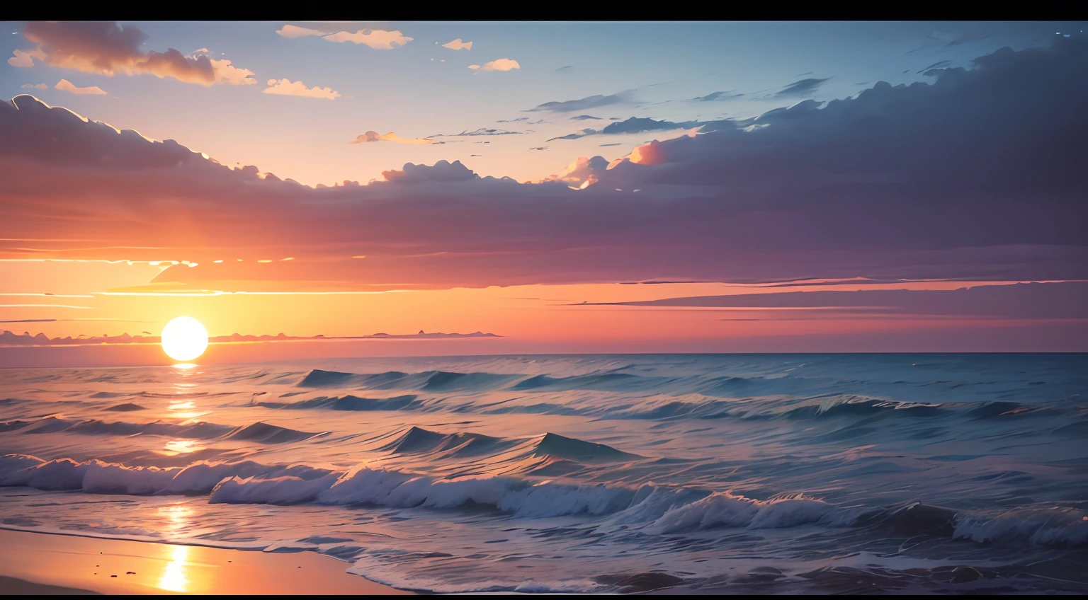 sunset at the beach，Waves and the moon in the sky, morning golden hour, sunset at the beach, sunset panorama, sunset at the beach, taken at golden hour, hyper wide view, on the beach during sunset, as the sun sets on the horizon, in the golden hour, fades to the horizon, Morning glow, On the beach at sunset --auto