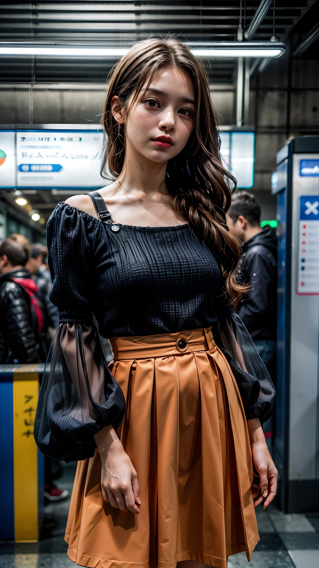 (1girl), solo, greece-girl, long_hair, wearing(orange-dress, puff_sleeves), photo(medium-shot), portrait, standing, pov, blurry_background, background(futuristic-metro_station), (photorealistic, absurdres, best_quality:1.55),