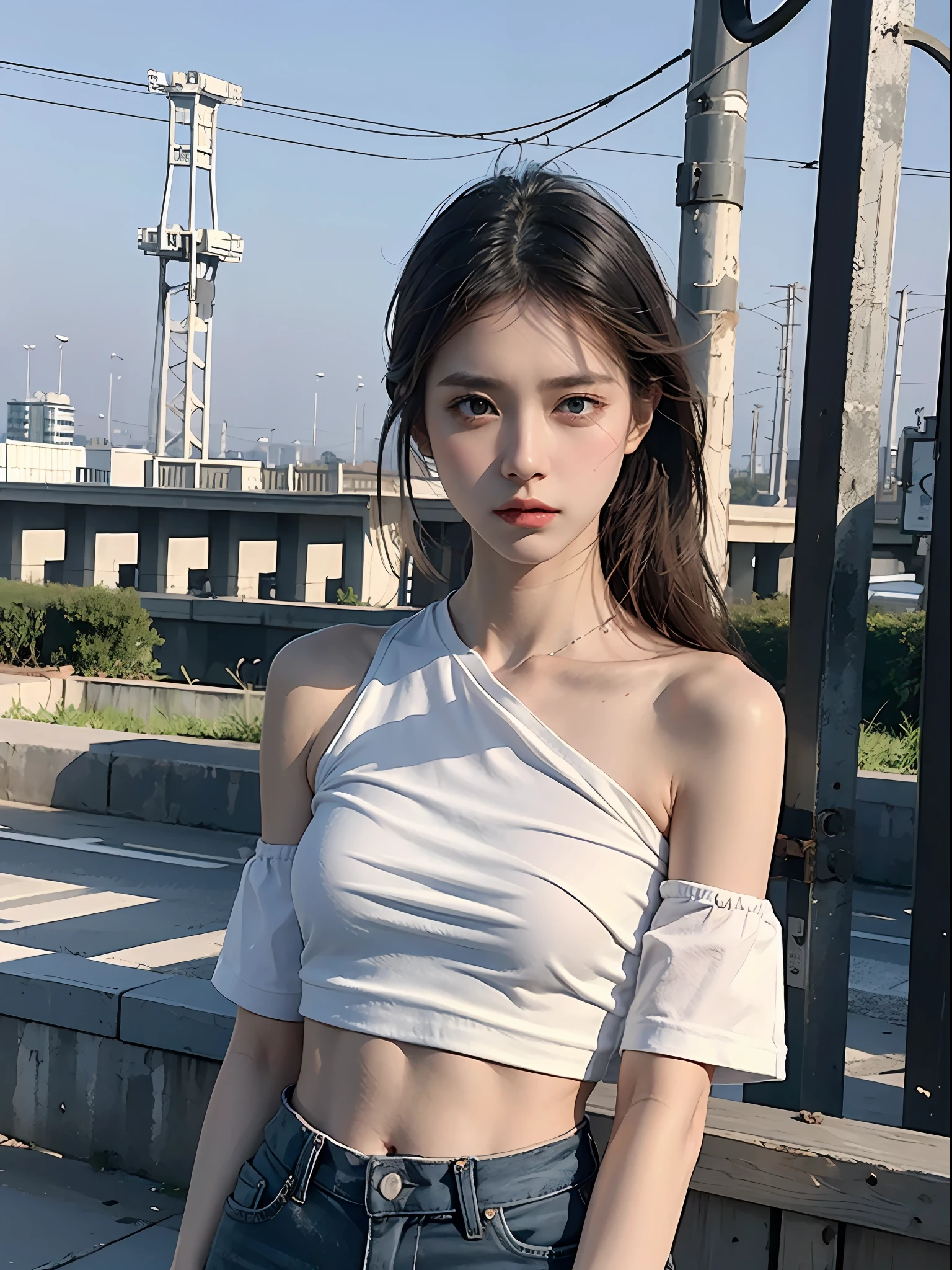 (8K,best qualtiy,tmasterpiece:1.2),(realisticlying,realisticlying,photo-realistic:1.37),2girls,Hyper-detailing,beatiful detailed eyes,Beautiful detail nose,White shirt,无袖,thin shoulder strap,upperbody closeup,seductiv,((standing on your feet)),Rooftop,railing,small town,Tower,telephone poles,plant,Front lens,Highway waist showing navel,shorter pants,obi strip