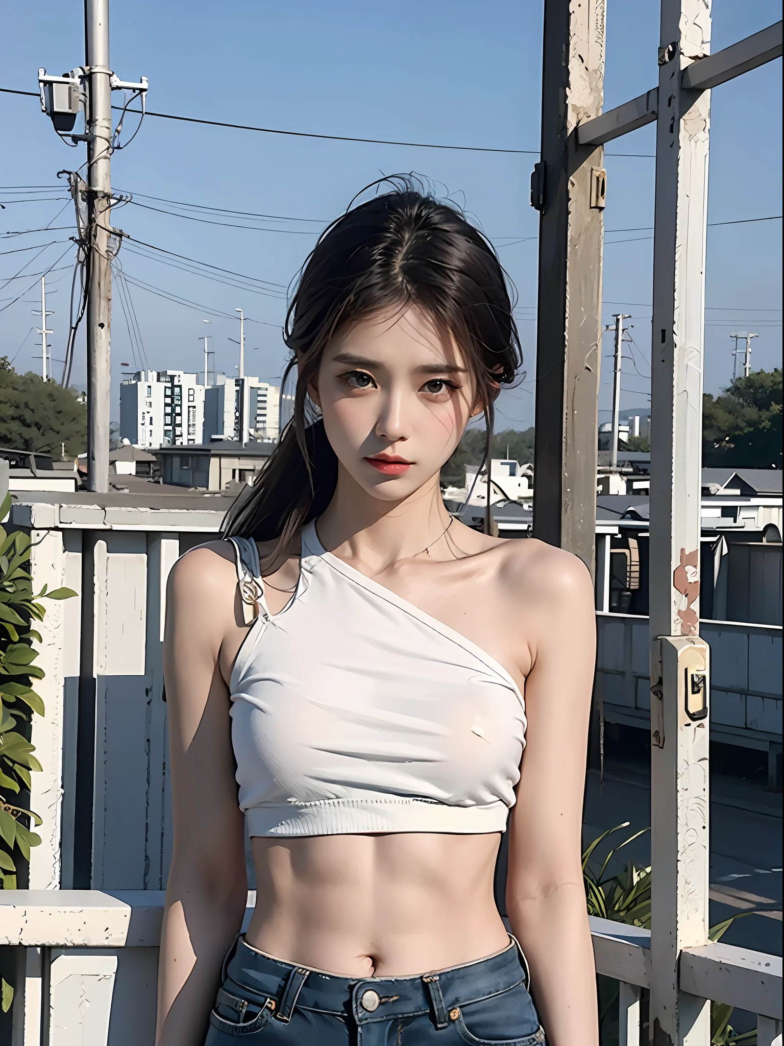 （8K，best qualtiy，tmasterpiece：1.2），（realisticlying，realisticlying，photo-realistic：1.37），2girls，Hyper-detailing，beatiful detailed eyes，Beautiful detail nose，White shirt，无袖，thin shoulder strap，upperbody closeup，seductiv，（（standing on your feet）），Rooftop，railing，small town，Tower，telephone poles，plant，Front lens，Highway waist showing navel，shorter pants，obi strip