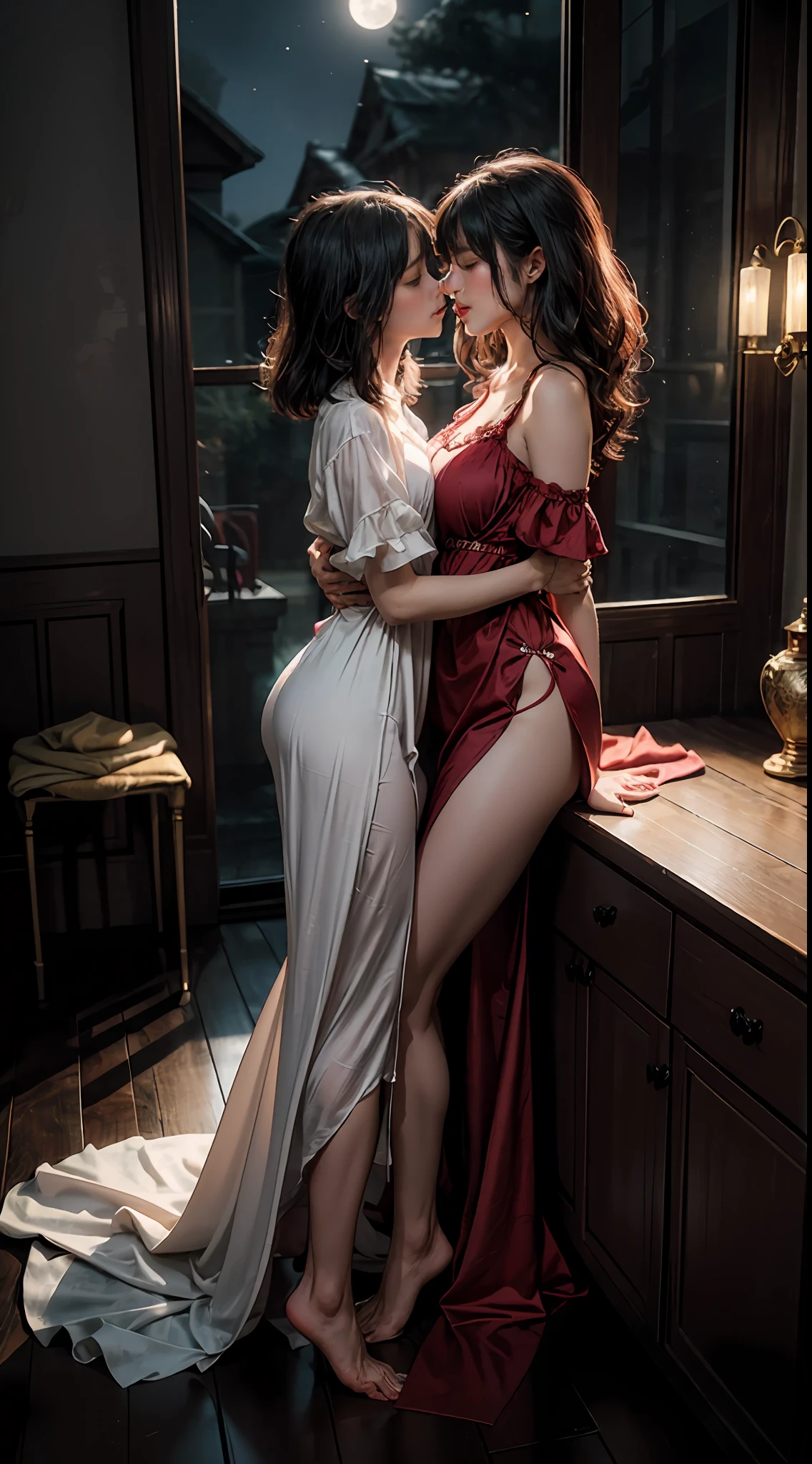 The art depicts a charming woman dressed in a flowing, silky nightgown, pink, decorated with intricate patterns and bright colors. Her dress drapes elegantly over her curvy figure, accentuating her seductive silhouette. She stood gracefully in the quiet moonlit night, bathed in the soft glow of the moonlight. The scene exudes an ethereal and dreamy atmosphere, with a touch of mystery and sexiness. The graphic style blends watercolor and digital illustration techniques to evoke a refined beauty and charm. The lights are filled with soft moonlight, casting soft highlights and shadows on her charming features. Bare thighs, big breasts, three-dimensional facial features. Another woman is hugging and kissing her. The other woman is dressing as a office worker and has long straight hair. Lesbian, kiss, girls kissing, lesbian kiss