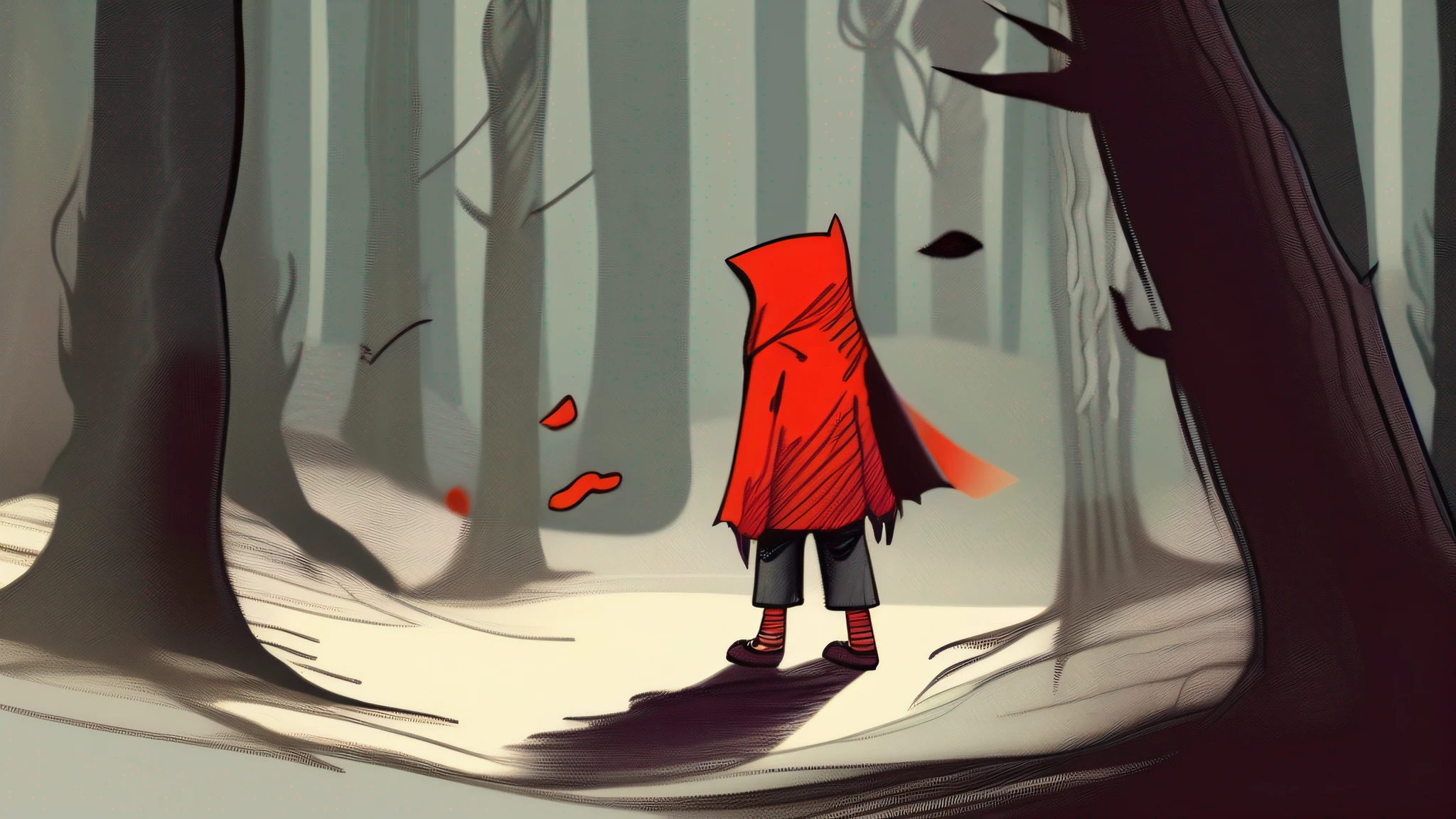 [rudeus ,--1 Garota com sobretudo vermelho e capuz::4, no bosque encantado::1, olhando o werewolf::3, estilo crayon::1,estilo de arte infantil, || --1 Werewolf with torn pants being looked at by a girl::4 no bosque encantado::1,visto::3,crayon::1,estilo de arte infantil,] , Children's book Illustration,
