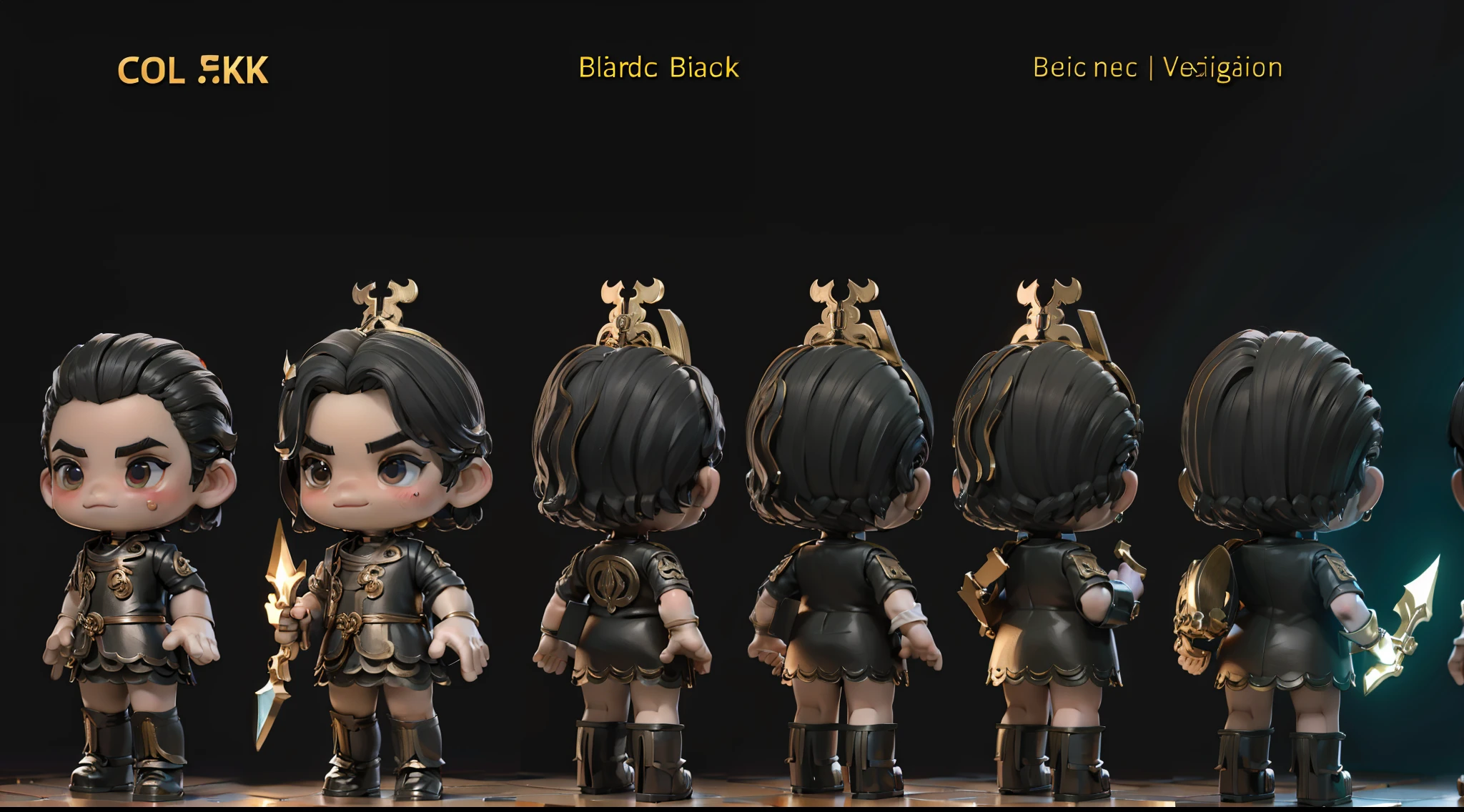 （Cool handsome boy full body image, Model body proportions，Warrior costumes, All-black clothing，Gold lines at the edges of the clothes） IP design, （ccurateblack hair, Raised eyebrows, exquisite facial features，Light smile） Blind box toy style, （Three-sided view frontal view，Side view，Rear perspective） Ultra-wide angle, Textured skin, 8K